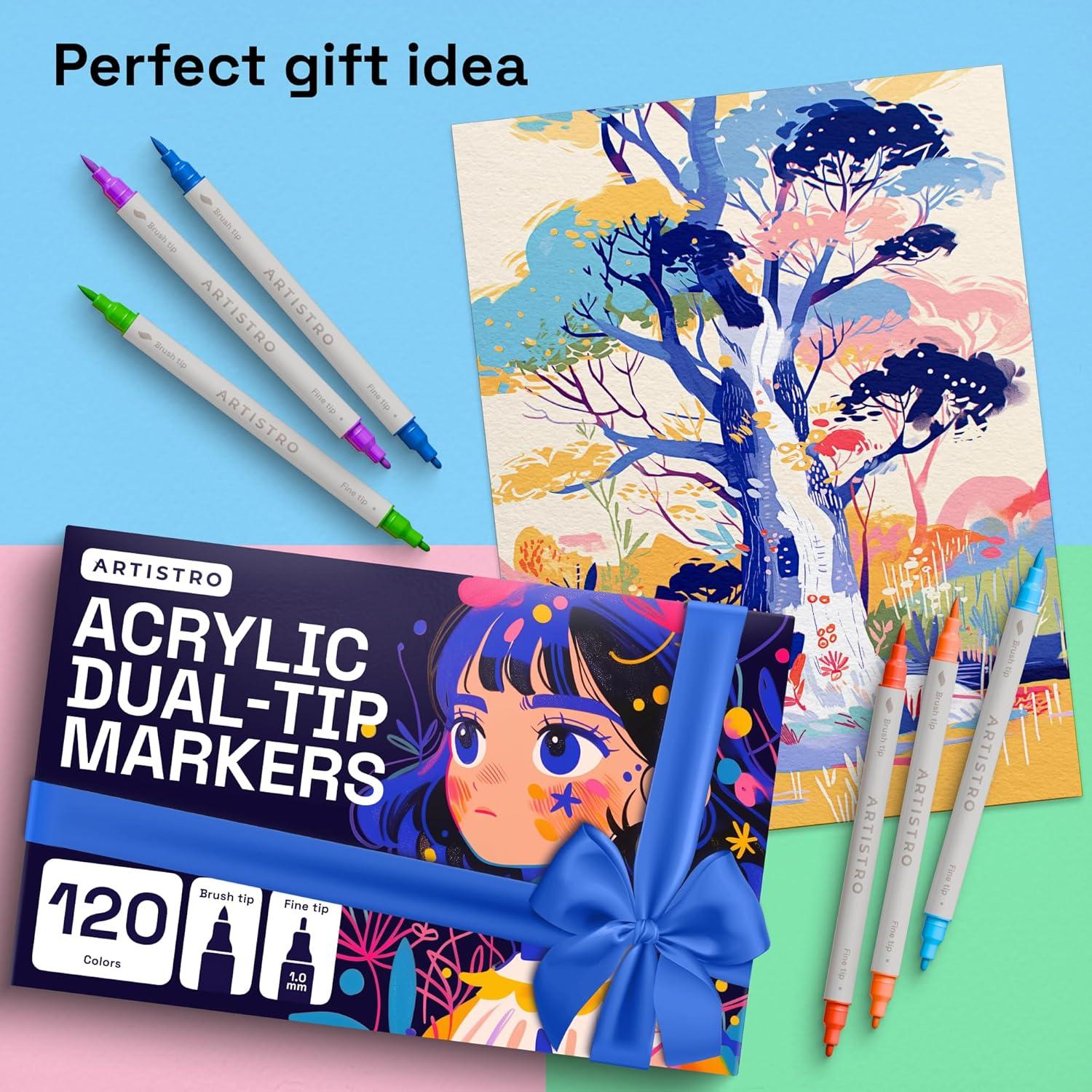 imageARTISTRO 12 Acrylic Paint Pens Dual Tip Brush Fine Ideal for Calligraphy Acrylic Paint Markers for Fabric Rock Glass Wood DIY Art Supplies Stocking Stuffers Christmas Gift Idea120