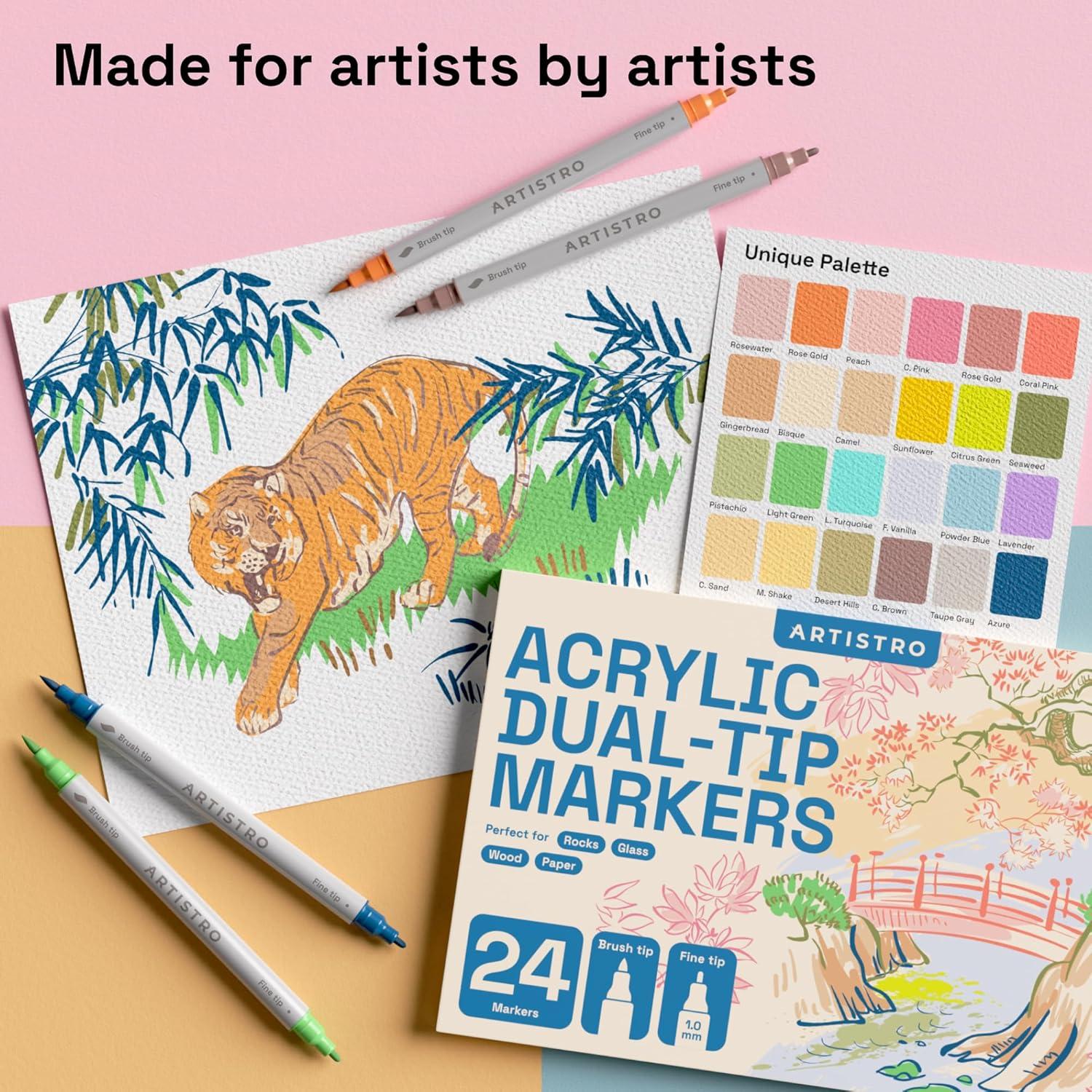 imageARTISTRO 12 Acrylic Paint Pens Dual Tip Brush Fine Ideal for Calligraphy Acrylic Paint Markers for Fabric Rock Glass Wood DIY Art Supplies Stocking Stuffers Christmas Gift Idea24