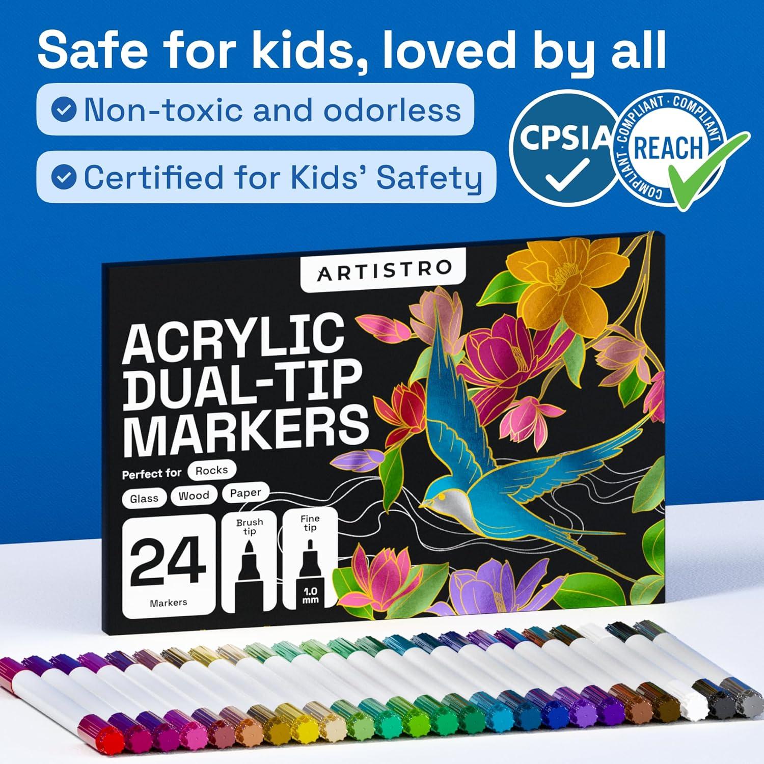 imageARTISTRO 12 Acrylic Paint Pens Dual Tip Brush Fine Ideal for Calligraphy Acrylic Paint Markers for Fabric Rock Glass Wood DIY Art Supplies Stocking Stuffers Christmas Gift Idea24