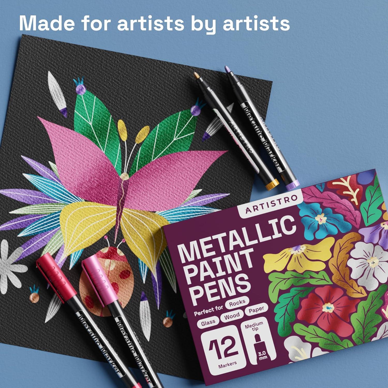 imageARTISTRO 12 Black Acrylic Paint Markers Medium Point Paint Pens for Rock Wood Glass Ceramic Black Paper Scrapbooking Crafts Card Making DIY Photo Album CeramicMedium Tip Metallic