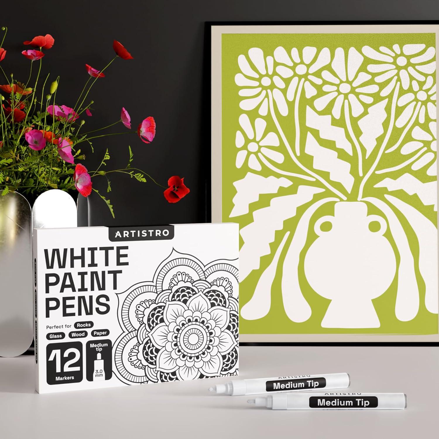 imageARTISTRO 12 Black Acrylic Paint Markers Medium Point Paint Pens for Rock Wood Glass Ceramic Black Paper Scrapbooking Crafts Card Making DIY Photo Album CeramicMedium Tip White