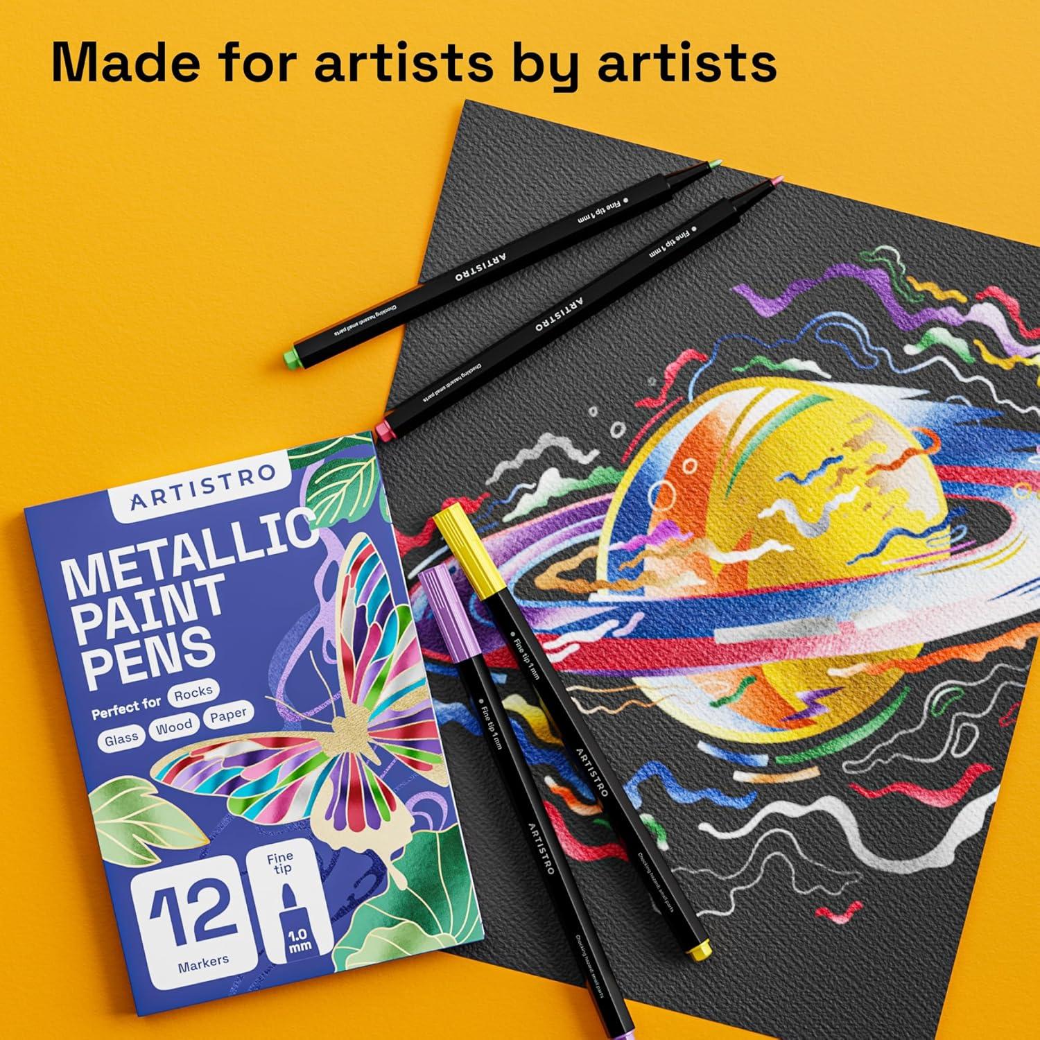 imageARTISTRO 12 Black Acrylic Paint Markers Medium Point Paint Pens for Rock Wood Glass Ceramic Black Paper Scrapbooking Crafts Card Making DIY Photo Album CeramicFine Tip Metallic