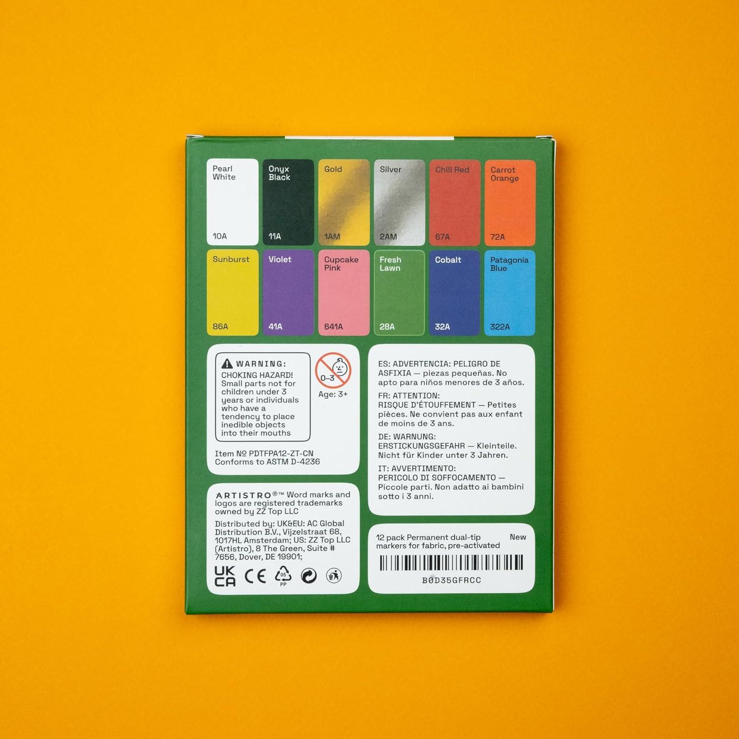 imageARTISTRO 12 DualTip Fabric Markers Fabric Decorating Kit Permanent for Clothes Acrylic Paint Pens for Sneakers Bags Shoes Textile Canvas Sewing Craft DIY Brush and Fine Tip12 Multicolor