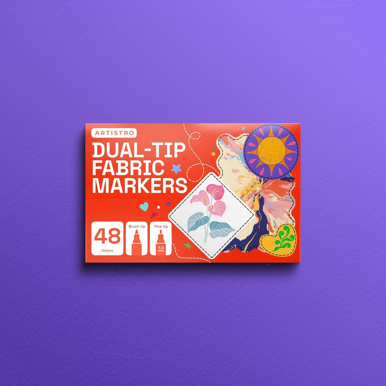 imageARTISTRO 12 DualTip Fabric Markers Fabric Decorating Kit Permanent for Clothes Acrylic Paint Pens for Sneakers Bags Shoes Textile Canvas Sewing Craft DIY Brush and Fine Tip48 Multicolor