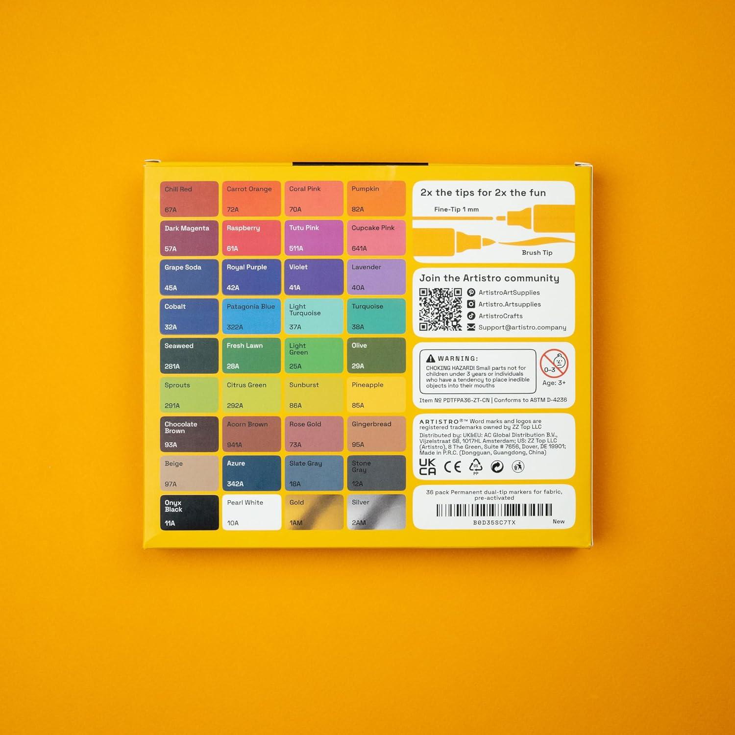 imageARTISTRO 12 DualTip Fabric Markers Fabric Decorating Kit Permanent for Clothes Acrylic Paint Pens for Sneakers Bags Shoes Textile Canvas Sewing Craft DIY Brush and Fine Tip36 Multicolor