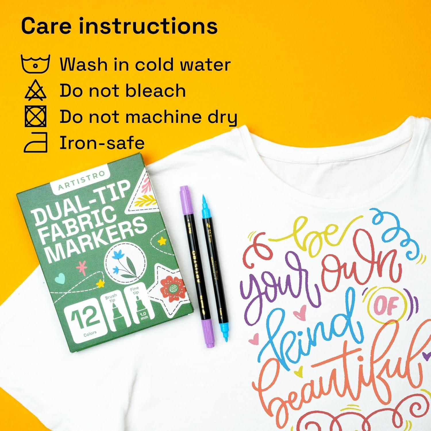 imageARTISTRO 12 DualTip Fabric Markers Fabric Decorating Kit Permanent for Clothes Acrylic Paint Pens for Sneakers Bags Shoes Textile Canvas Sewing Craft DIY Brush and Fine Tip12 Multicolor