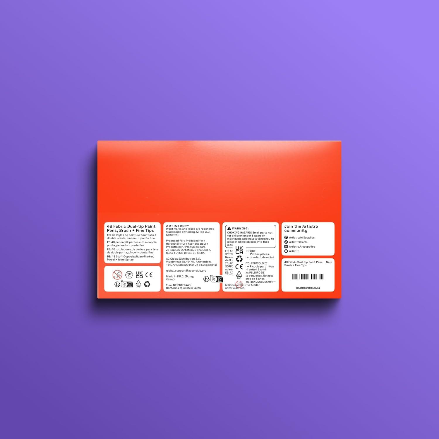 imageARTISTRO 12 DualTip Fabric Markers Fabric Decorating Kit Permanent for Clothes Acrylic Paint Pens for Sneakers Bags Shoes Textile Canvas Sewing Craft DIY Brush and Fine Tip48 Multicolor