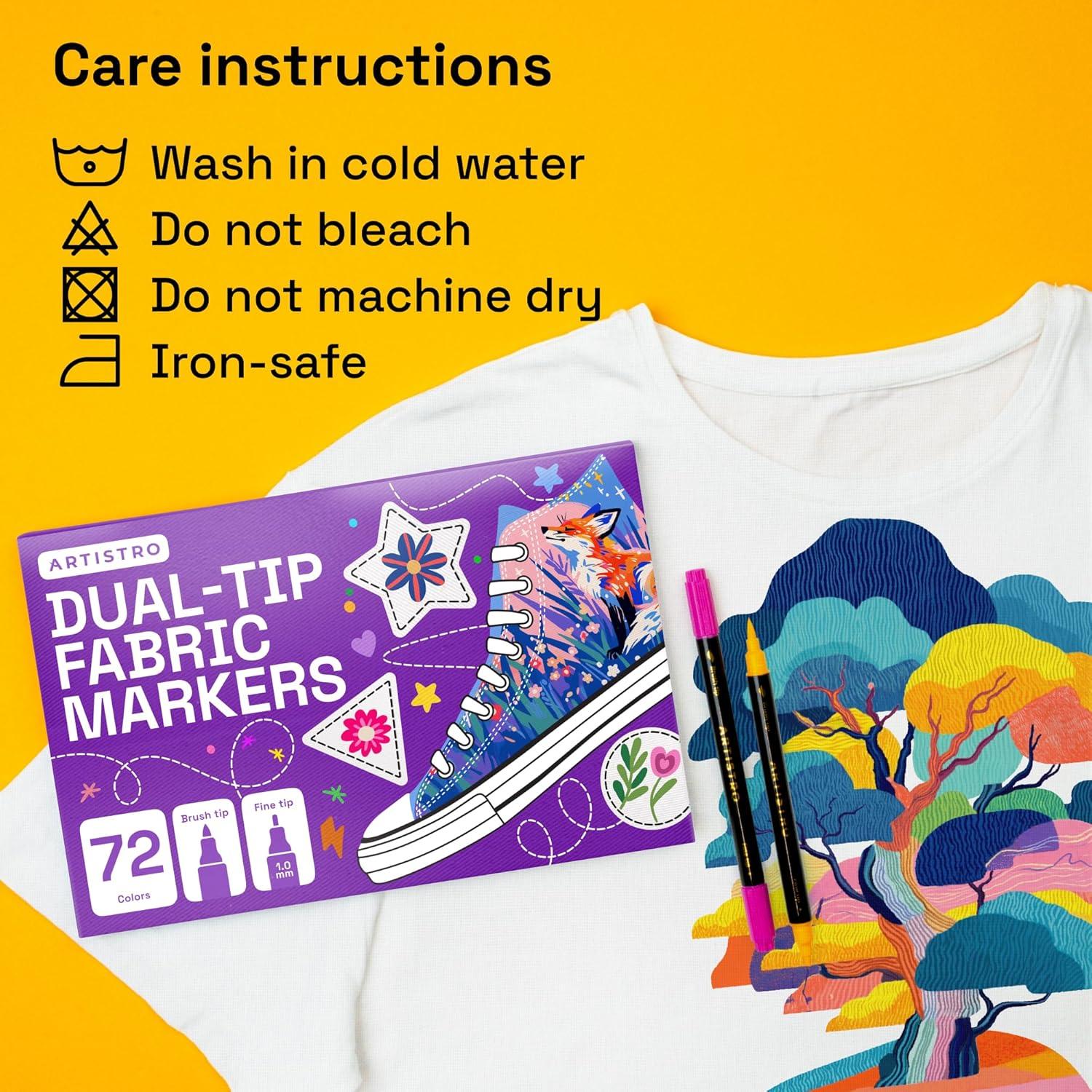 imageARTISTRO 12 DualTip Fabric Markers Fabric Decorating Kit Permanent for Clothes Acrylic Paint Pens for Sneakers Bags Shoes Textile Canvas Sewing Craft DIY Brush and Fine Tip72 Multicolor