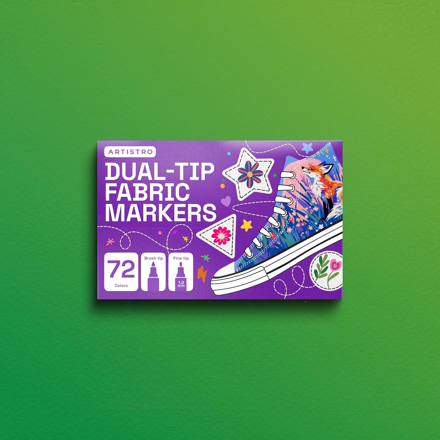 imageARTISTRO 12 DualTip Fabric Markers Fabric Decorating Kit Permanent for Clothes Acrylic Paint Pens for Sneakers Bags Shoes Textile Canvas Sewing Craft DIY Brush and Fine Tip72 Multicolor