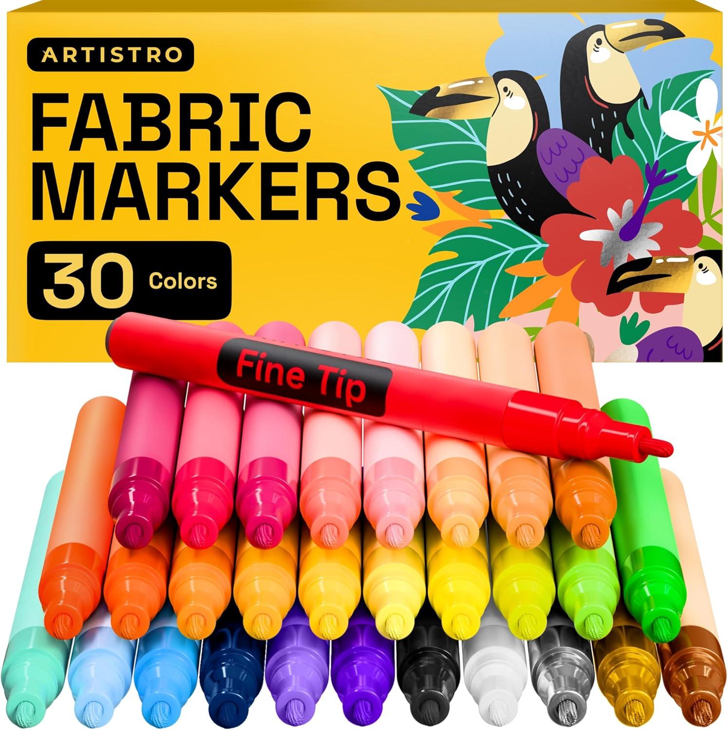 imageARTISTRO 12 DualTip Fabric Markers Fabric Decorating Kit Permanent for Clothes Acrylic Paint Pens for Sneakers Bags Shoes Textile Canvas Sewing Craft DIY Brush and Fine Tip30 Multicolor