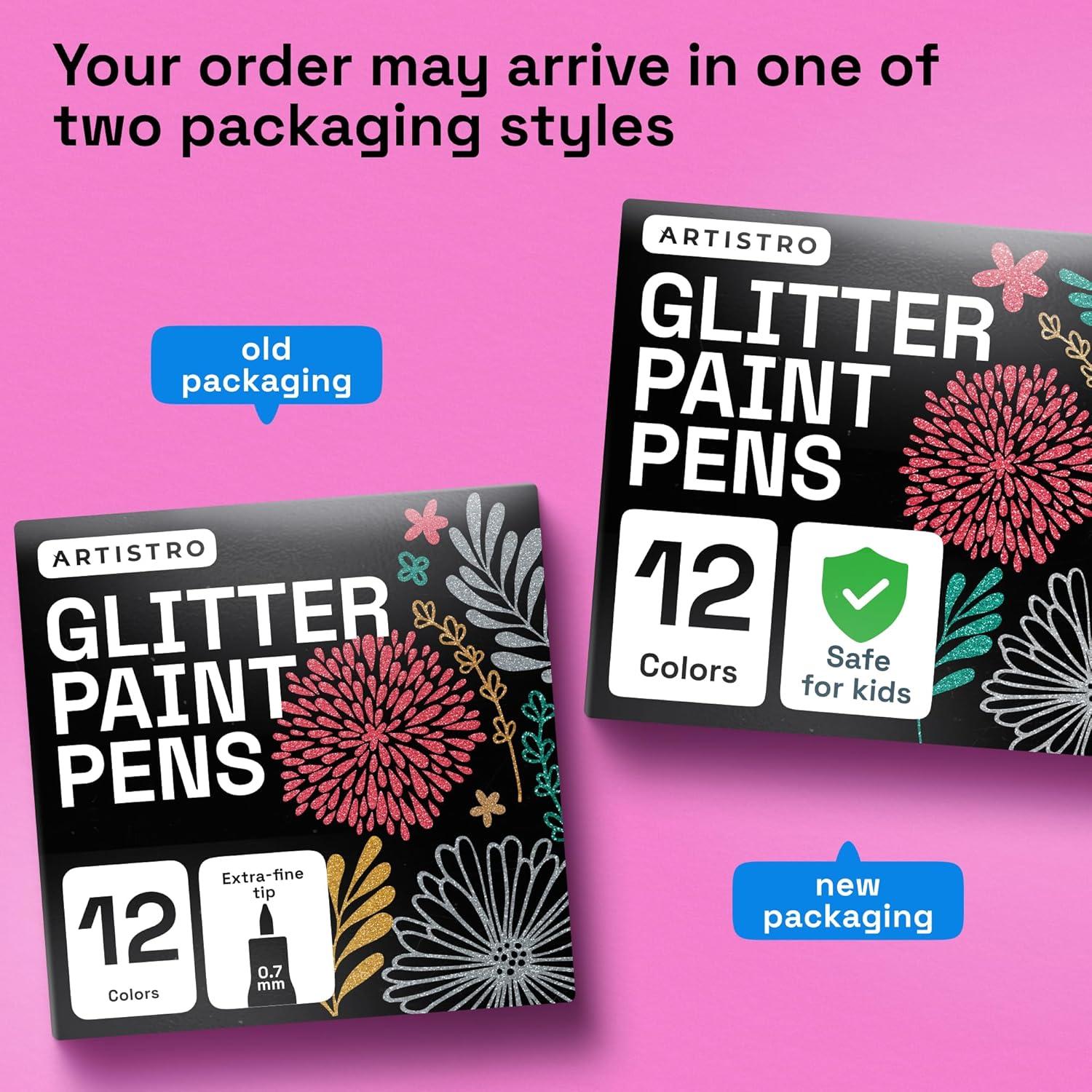 imageARTISTRO 12 Metallic Paint Pens for Glass Rock Painting Ceramic Wood Fabric Pebbles Scrapbook Journals Photo Albums Card Stocks Acrylic Paint Markers ExtraFine Tip 07mmGlitter