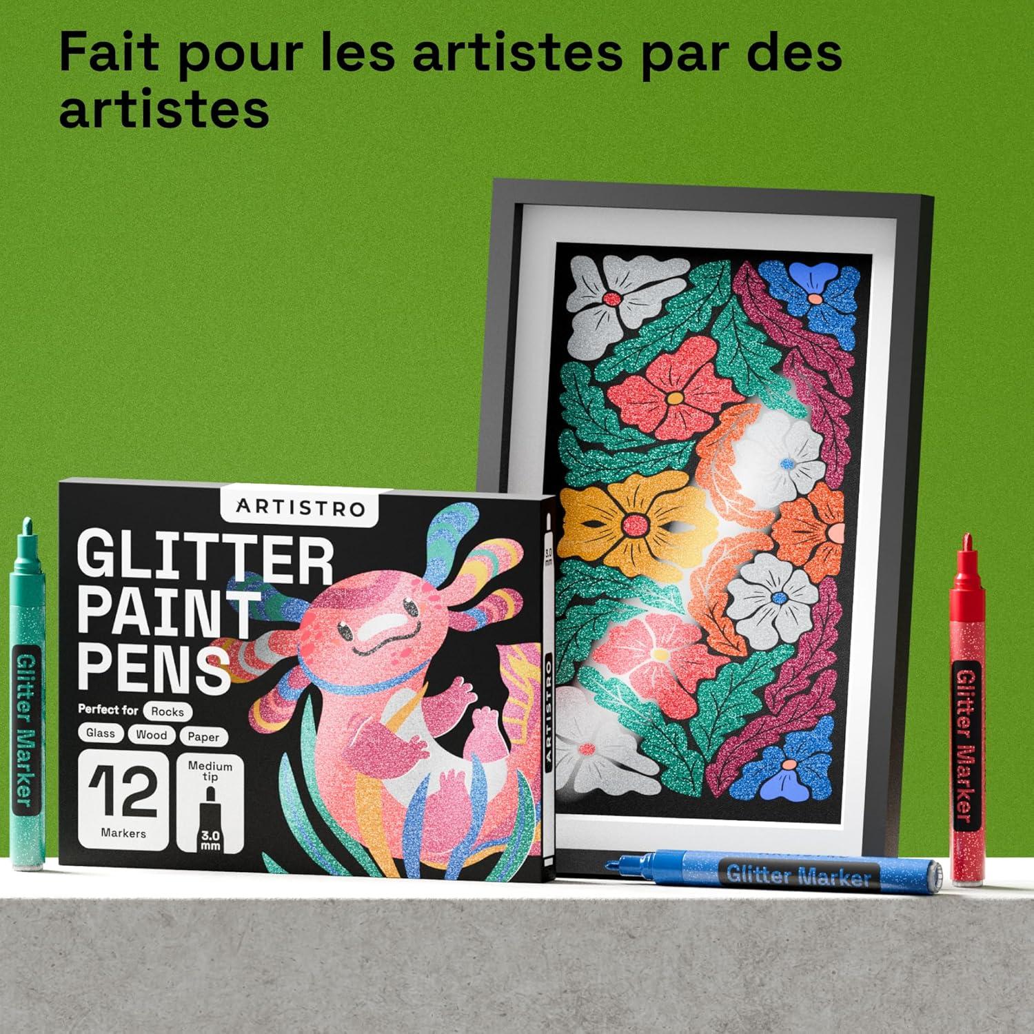 imageARTISTRO 12 Metallic Paint Pens for Glass Rock Painting Ceramic Wood Fabric Pebbles Scrapbook Journals Photo Albums Card Stocks Acrylic Paint Markers ExtraFine Tip 07mmGlitter