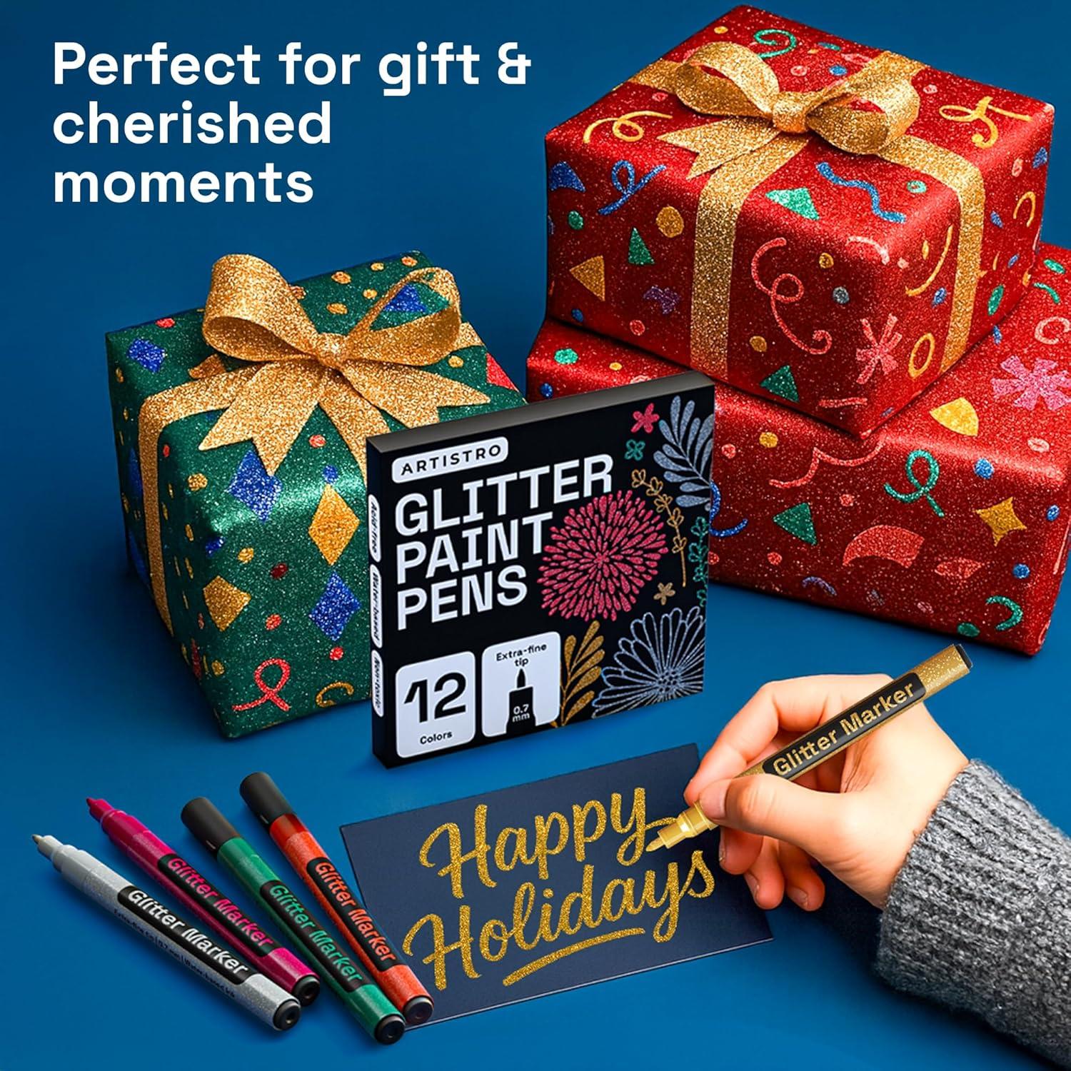 imageARTISTRO 12 Metallic Paint Pens for Glass Rock Painting Ceramic Wood Fabric Pebbles Scrapbook Journals Photo Albums Card Stocks Acrylic Paint Markers ExtraFine Tip 07mmGlitter