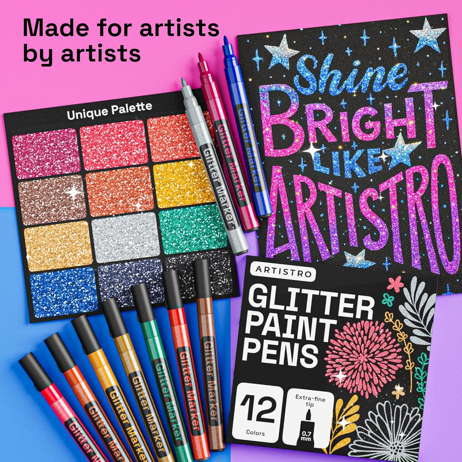 imageARTISTRO 12 Metallic Paint Pens for Glass Rock Painting Ceramic Wood Fabric Pebbles Scrapbook Journals Photo Albums Card Stocks Acrylic Paint Markers ExtraFine Tip 07mmGlitter