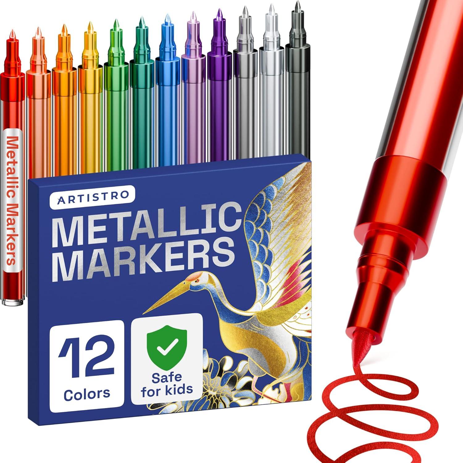 imageARTISTRO 12 Metallic Paint Pens for Glass Rock Painting Ceramic Wood Fabric Pebbles Scrapbook Journals Photo Albums Card Stocks Acrylic Paint Markers ExtraFine Tip 07mmMetallic