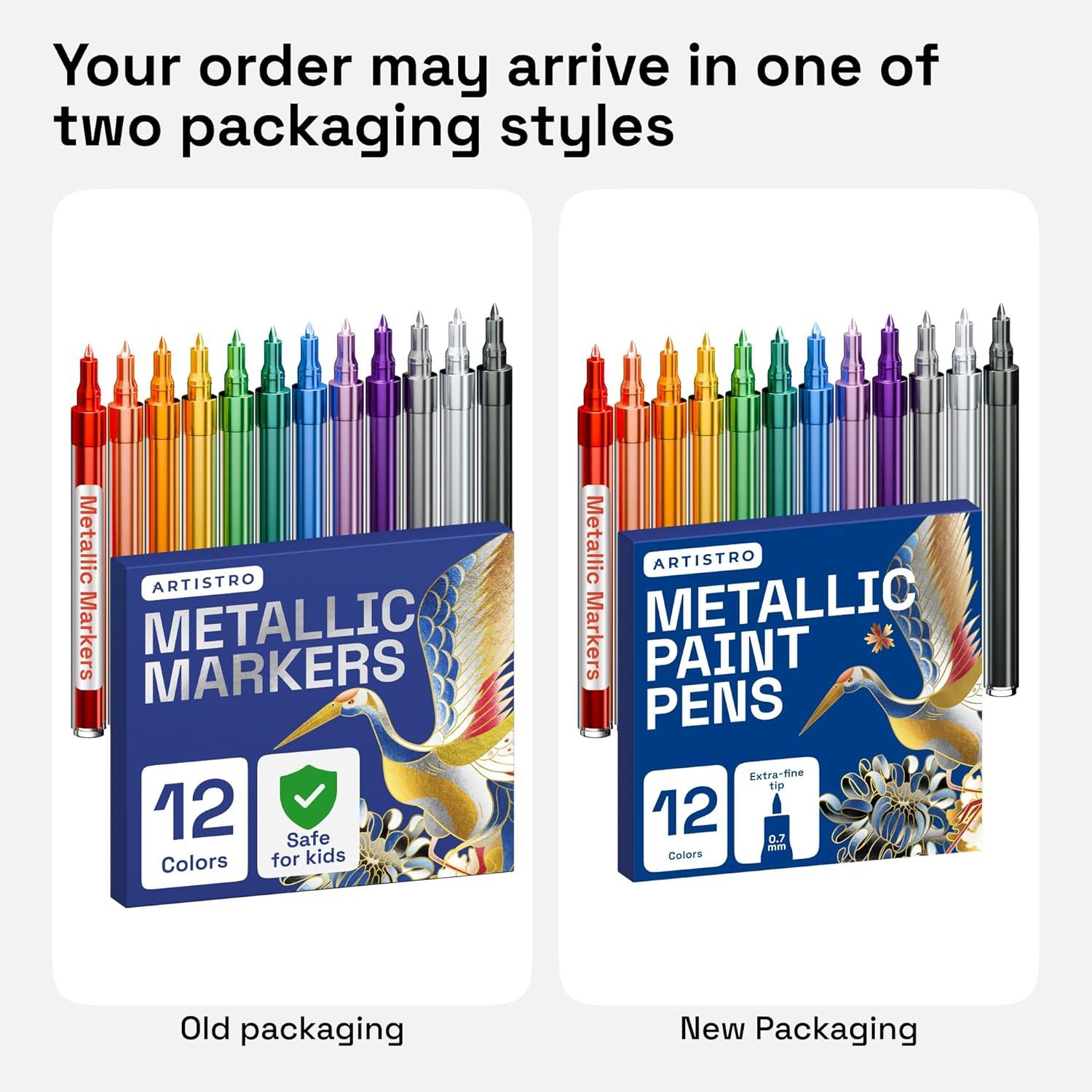 imageARTISTRO 12 Metallic Paint Pens for Glass Rock Painting Ceramic Wood Fabric Pebbles Scrapbook Journals Photo Albums Card Stocks Acrylic Paint Markers ExtraFine Tip 07mmMetallic