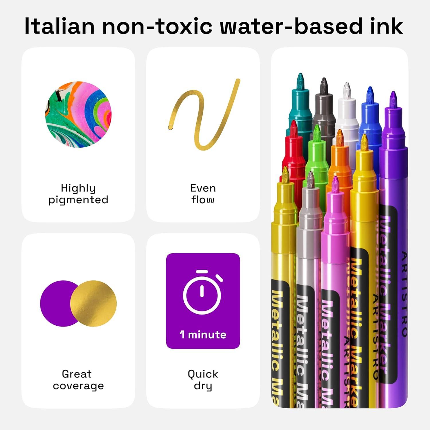 imageARTISTRO 12 Metallic Paint Pens for Glass Rock Painting Ceramic Wood Fabric Pebbles Scrapbook Journals Photo Albums Card Stocks Acrylic Paint Markers ExtraFine Tip 07mmMetallic