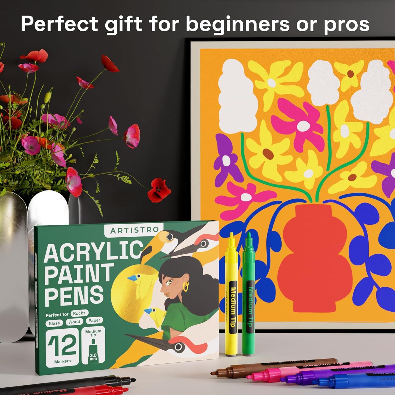 imageARTISTRO 12 Multicolor Acrylic Paint Markers Medium Point Paint Pens for Rock Wood Glass Ceramic Black Paper Scrapbooking Crafts Card Making DIY Photo Album Ceramic