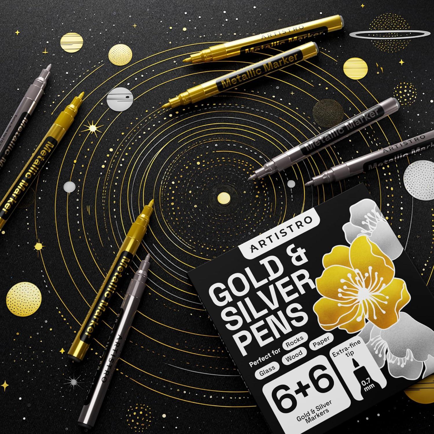 imageARTISTRO 12 Oilbased Gold ampamp Silver Paint Pens 07mm ExtraFine Markers for Tire Wood Rock Fabric Glass Ceramic Metal Plastic and More Quick Dry WaterproofGoldSilver