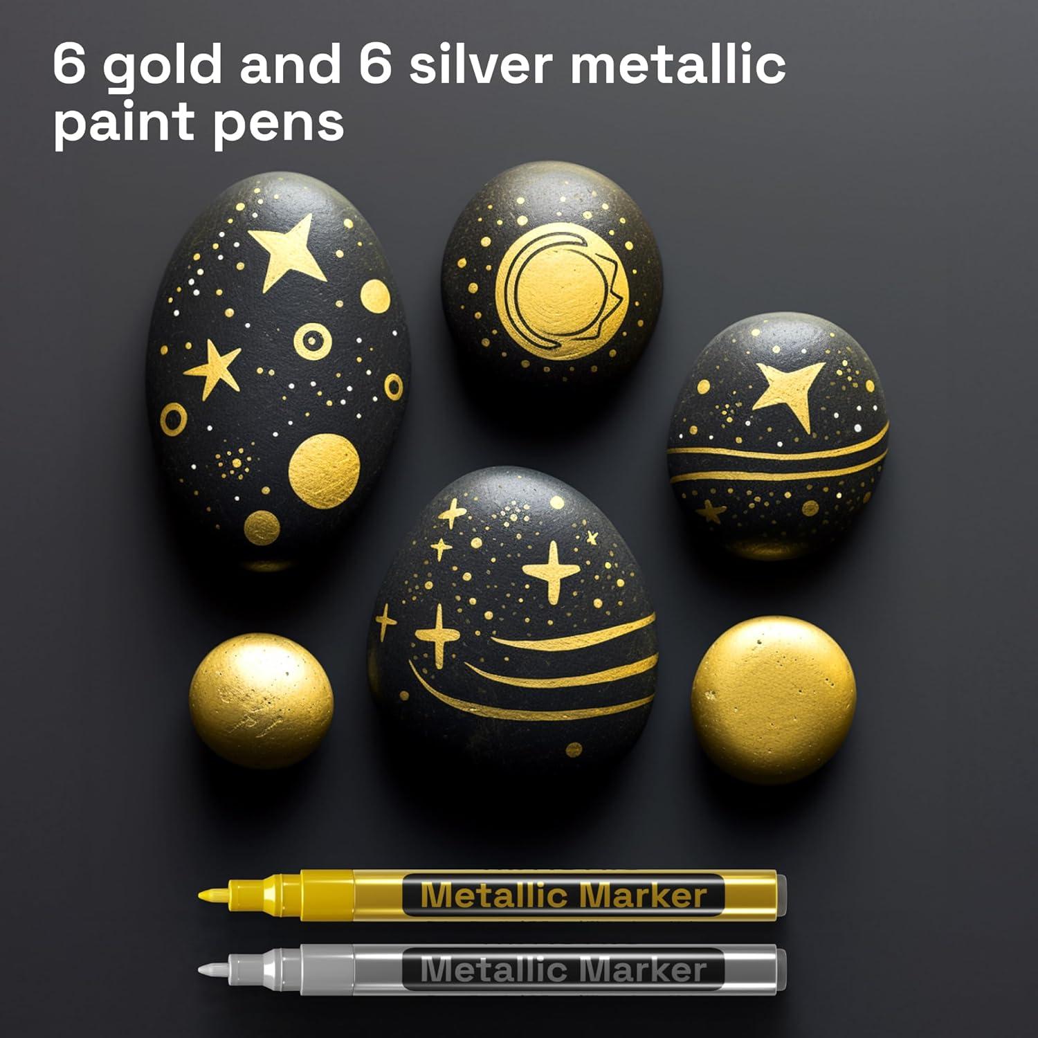 imageARTISTRO 12 Oilbased Gold ampamp Silver Paint Pens 07mm ExtraFine Markers for Tire Wood Rock Fabric Glass Ceramic Metal Plastic and More Quick Dry WaterproofGoldSilver
