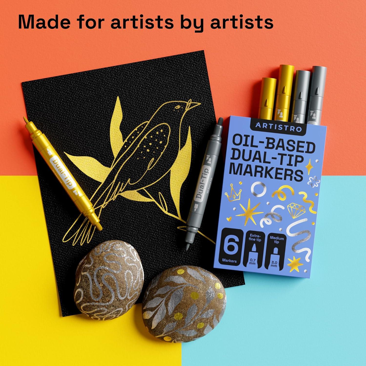 imageARTISTRO 12 Oilbased Gold ampamp Silver Paint Pens 07mm ExtraFine Markers for Tire Wood Rock Fabric Glass Ceramic Metal Plastic and More Quick Dry WaterproofGoldSilver