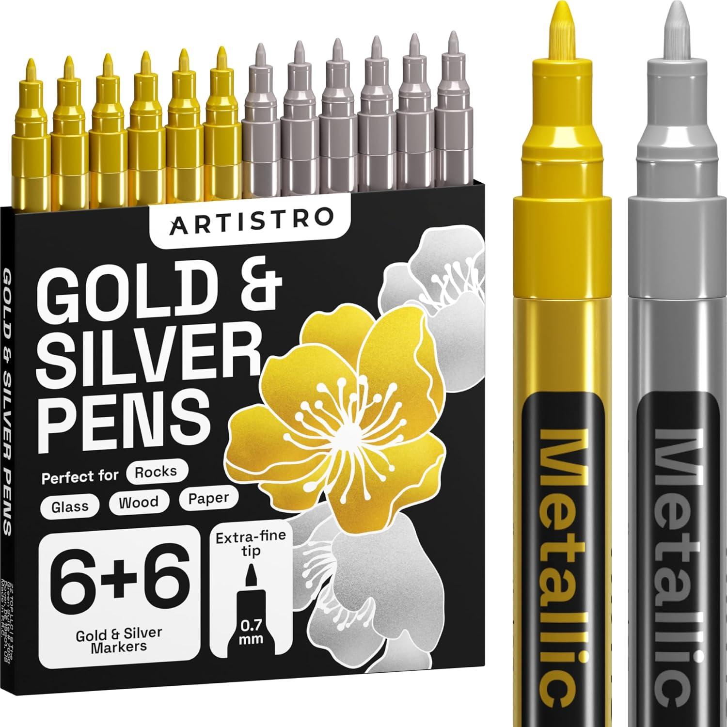 imageARTISTRO 12 Oilbased Gold ampamp Silver Paint Pens 07mm ExtraFine Markers for Tire Wood Rock Fabric Glass Ceramic Metal Plastic and More Quick Dry WaterproofGoldSilver