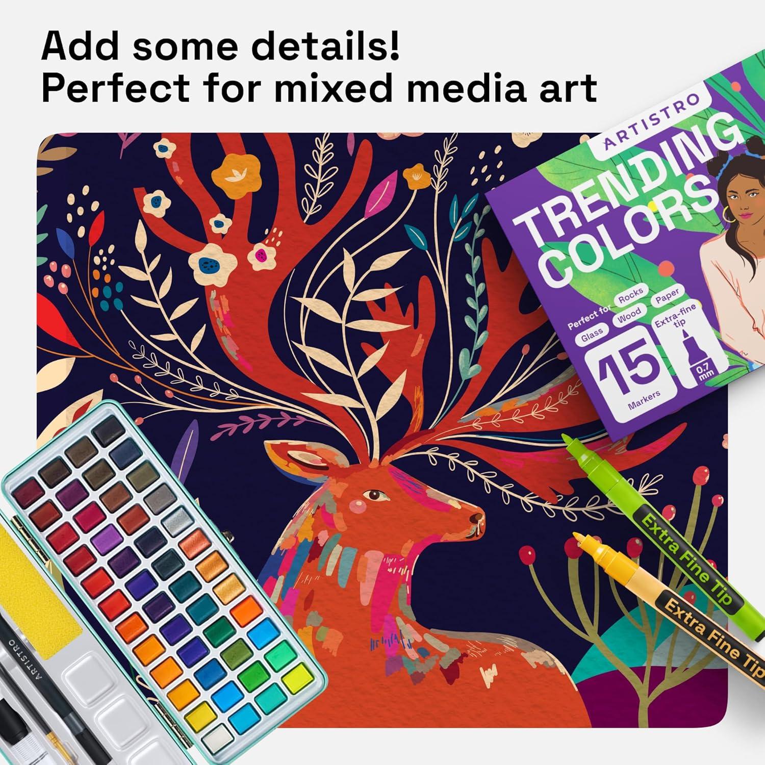 imageARTISTRO 15 Acrylic Paint Pens Art Set Acrylic Paint Markers Fabric Markers for Textile Canvas Rock Glass Wood Paper Pumpkin DIY for Kids and AdultsMulticolor