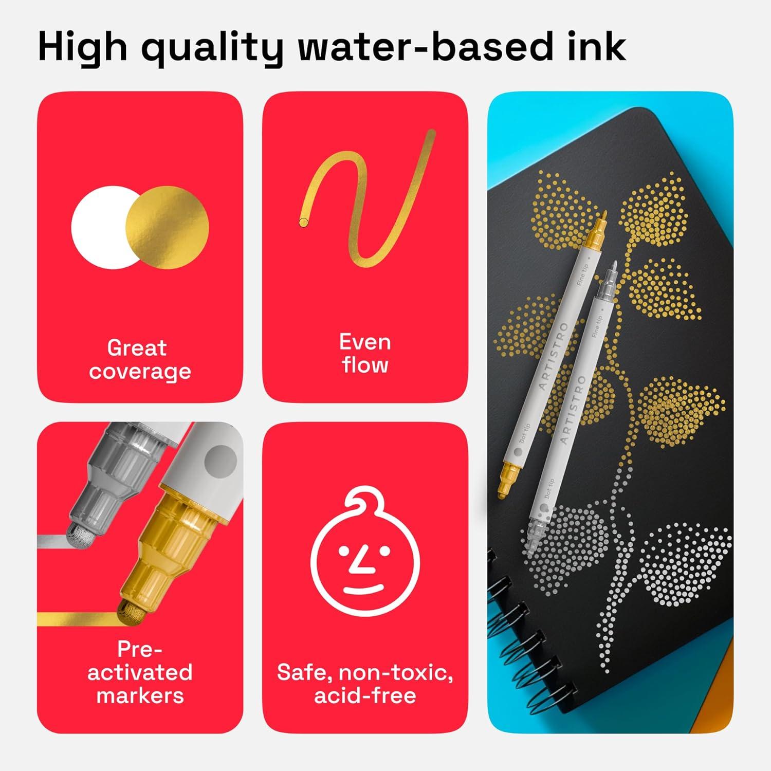 imageARTISTRO 15 Acrylic Paint Pens Art Set Acrylic Paint Markers Fabric Markers for Textile Canvas Rock Glass Wood Paper Pumpkin DIY for Kids and AdultsSilverGold