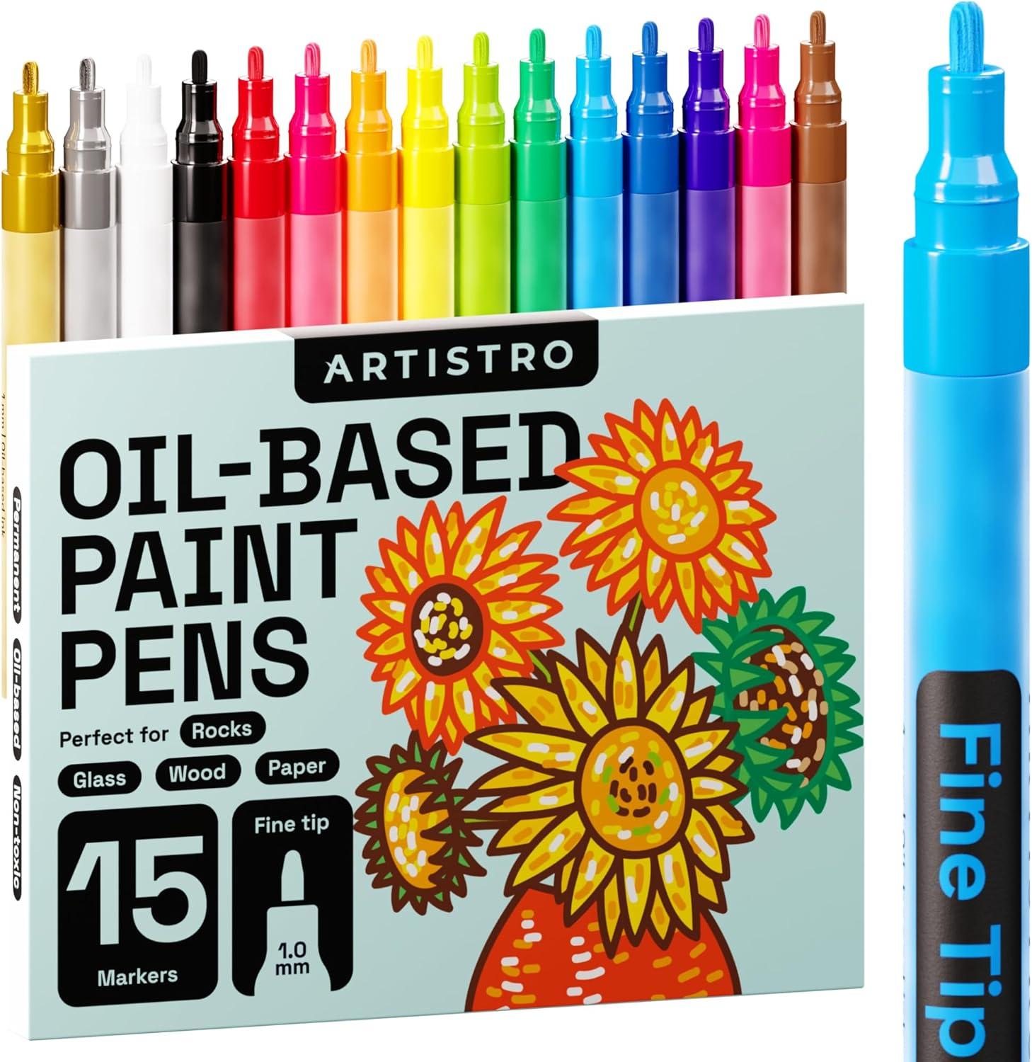 imageARTISTRO 15 OilBased Permanent Paint Markers Set of Fine Tip Markers for Wood Rock Fabric Glass Ceramic Metal Plastic and More Quick Dry Waterproof PermanentMulticolor