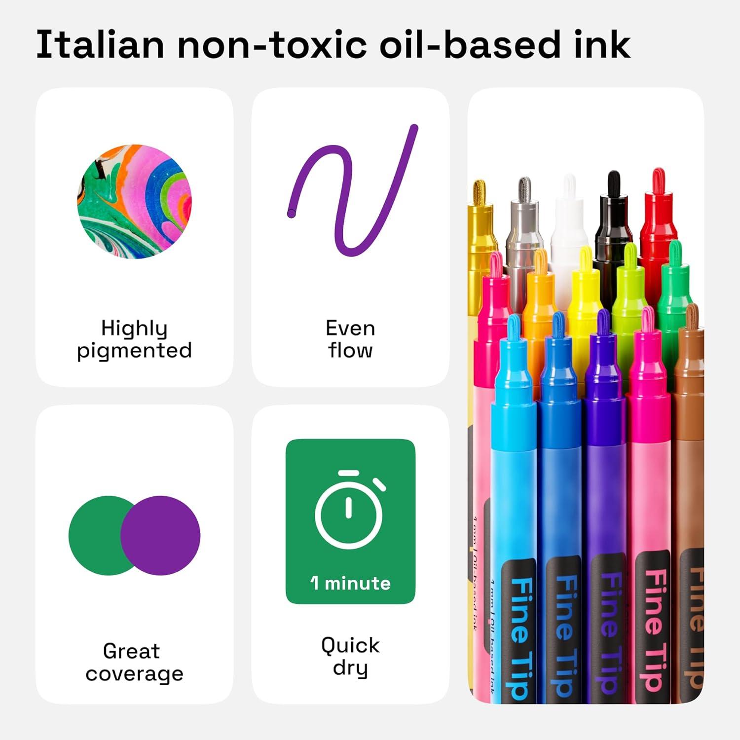 imageARTISTRO 15 OilBased Permanent Paint Markers Set of Fine Tip Markers for Wood Rock Fabric Glass Ceramic Metal Plastic and More Quick Dry Waterproof PermanentMulticolor