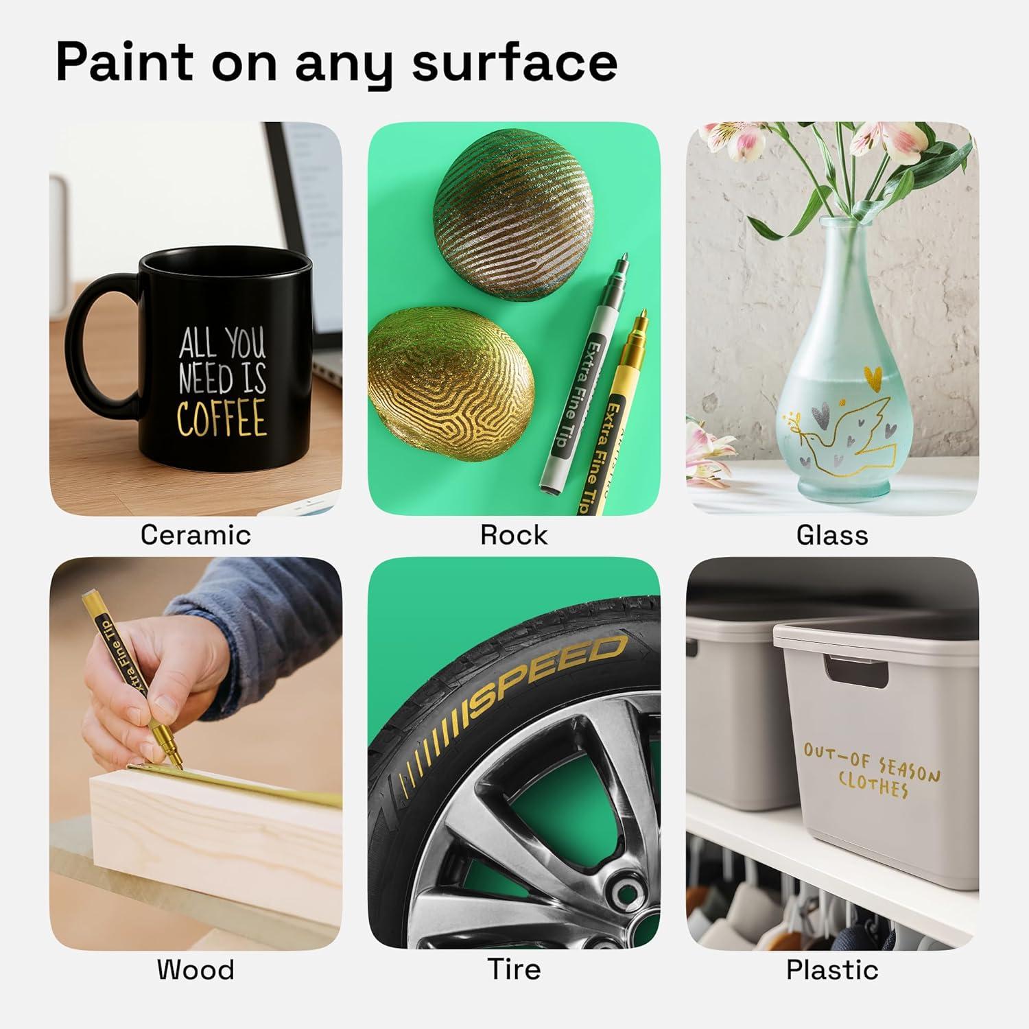 imageARTISTRO 15 OilBased Permanent Paint Markers Set of Fine Tip Markers for Wood Rock Fabric Glass Ceramic Metal Plastic and More Quick Dry Waterproof PermanentSilver Gold