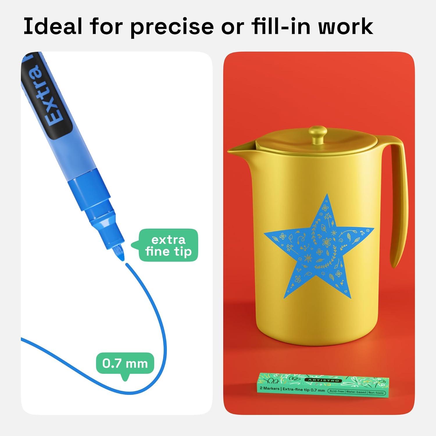 imageARTISTRO 2 Gold Acrylic Paint Markers 07mm Extra FineTip Metallic Paint Pens Perfect for Crafting Art Projects ampamp MoreBlue