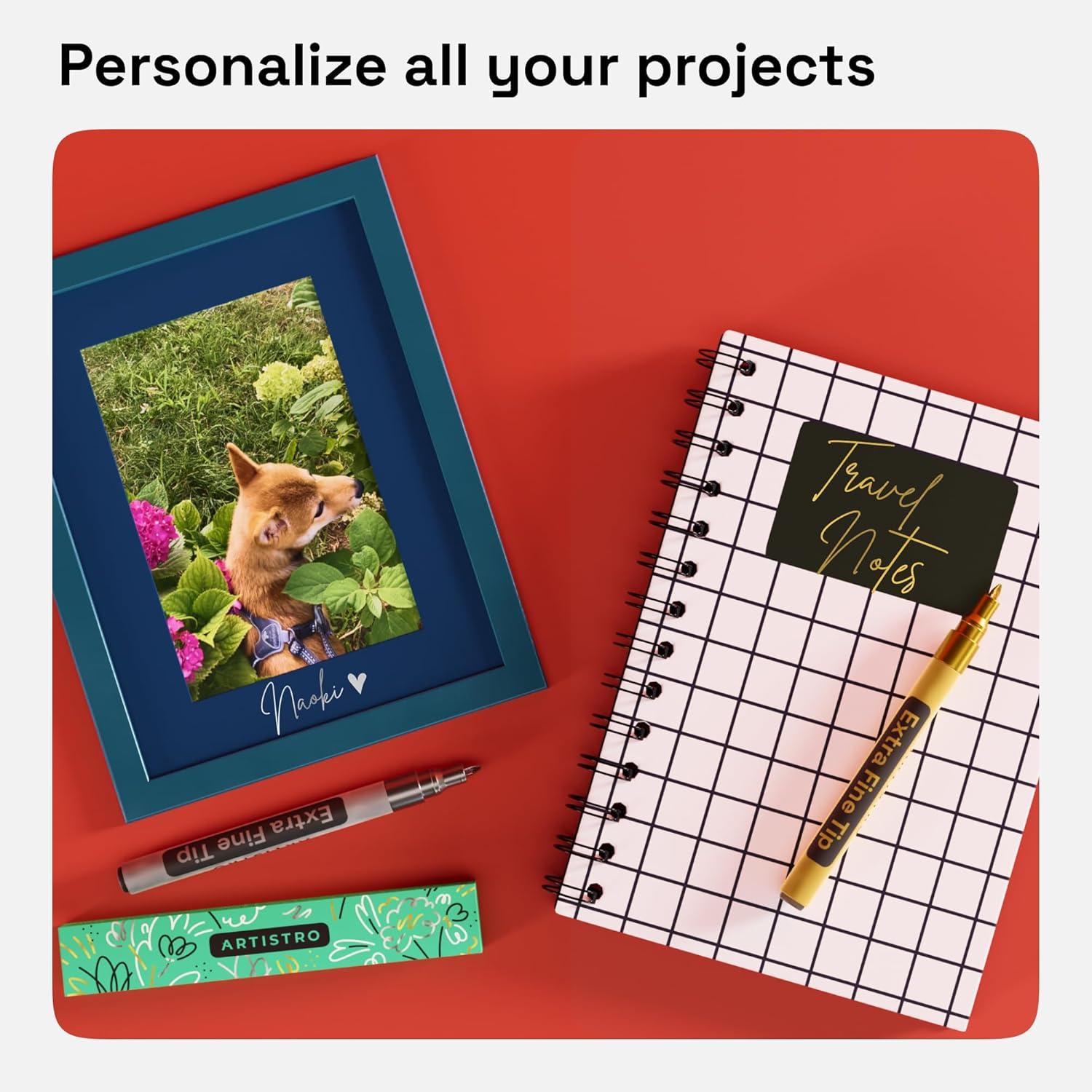 imageARTISTRO 2 Gold Acrylic Paint Markers 07mm Extra FineTip Metallic Paint Pens Perfect for Crafting Art Projects ampamp MoreGold Silver