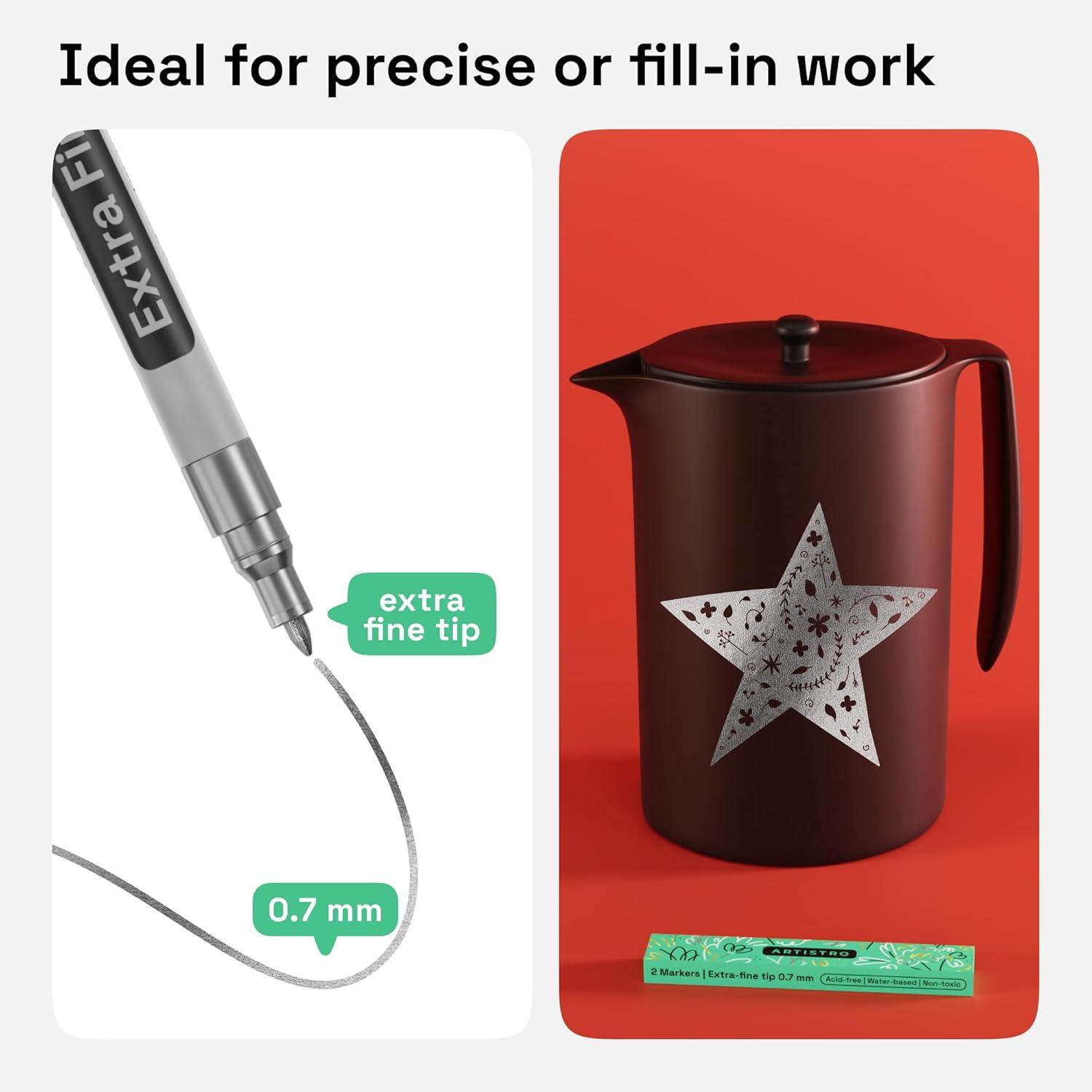 imageARTISTRO 2 Gold Acrylic Paint Markers 07mm Extra FineTip Metallic Paint Pens Perfect for Crafting Art Projects ampamp MoreGold Silver