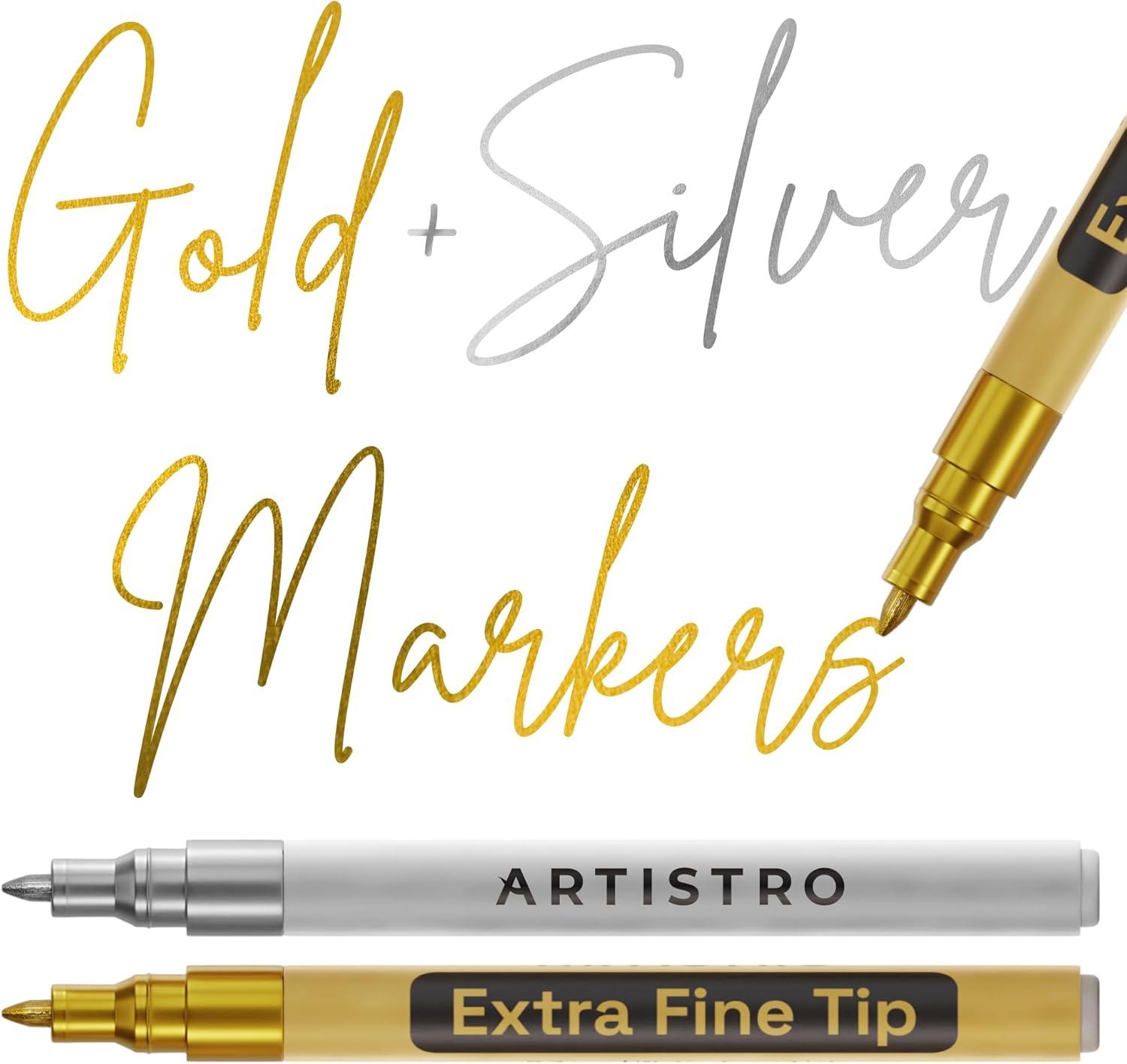 imageARTISTRO 2 Gold Acrylic Paint Markers 07mm Extra FineTip Metallic Paint Pens Perfect for Crafting Art Projects ampamp MoreGold Silver