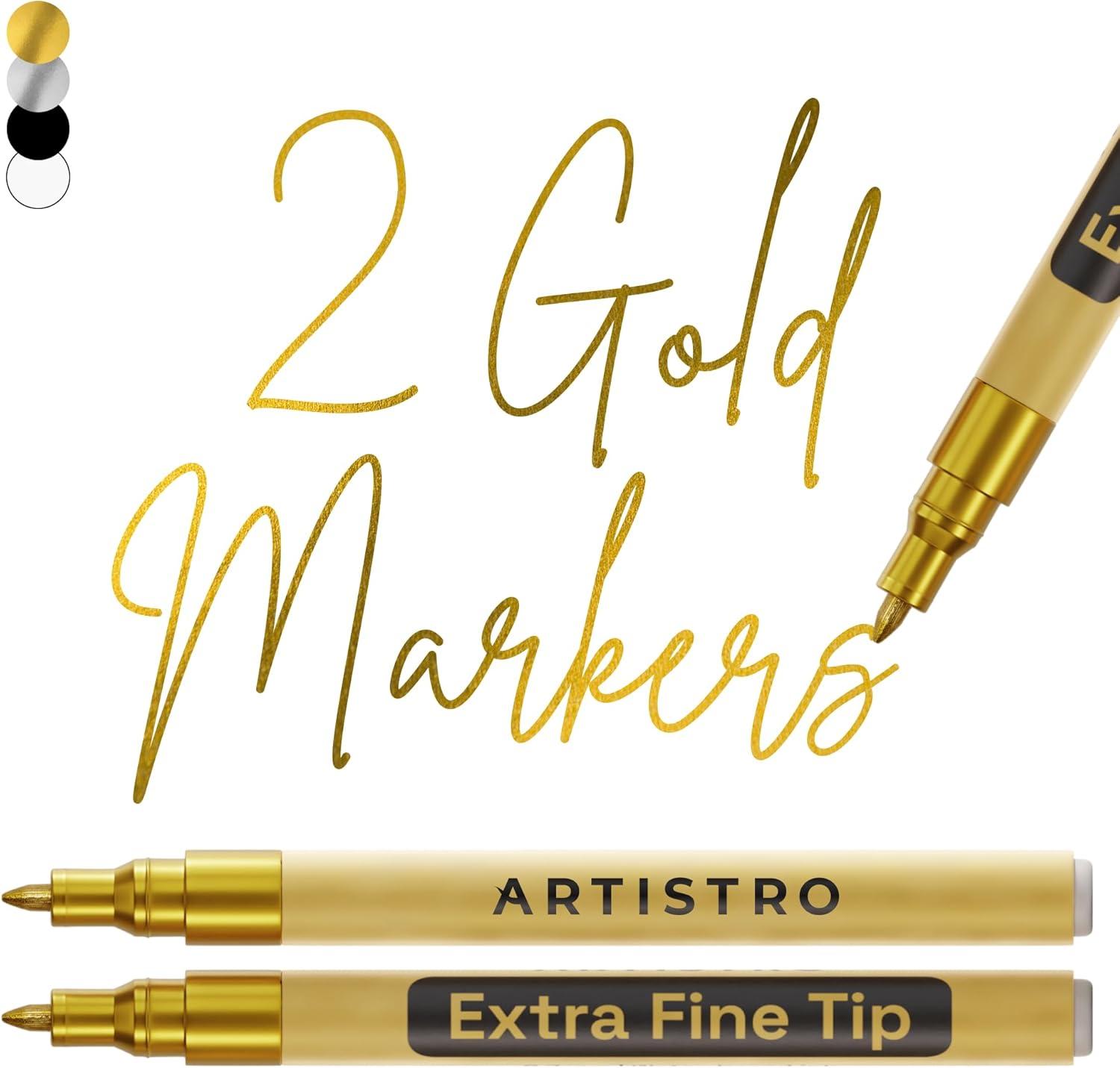 imageARTISTRO 2 Gold Acrylic Paint Markers 07mm Extra FineTip Metallic Paint Pens Perfect for Crafting Art Projects ampamp MoreGold