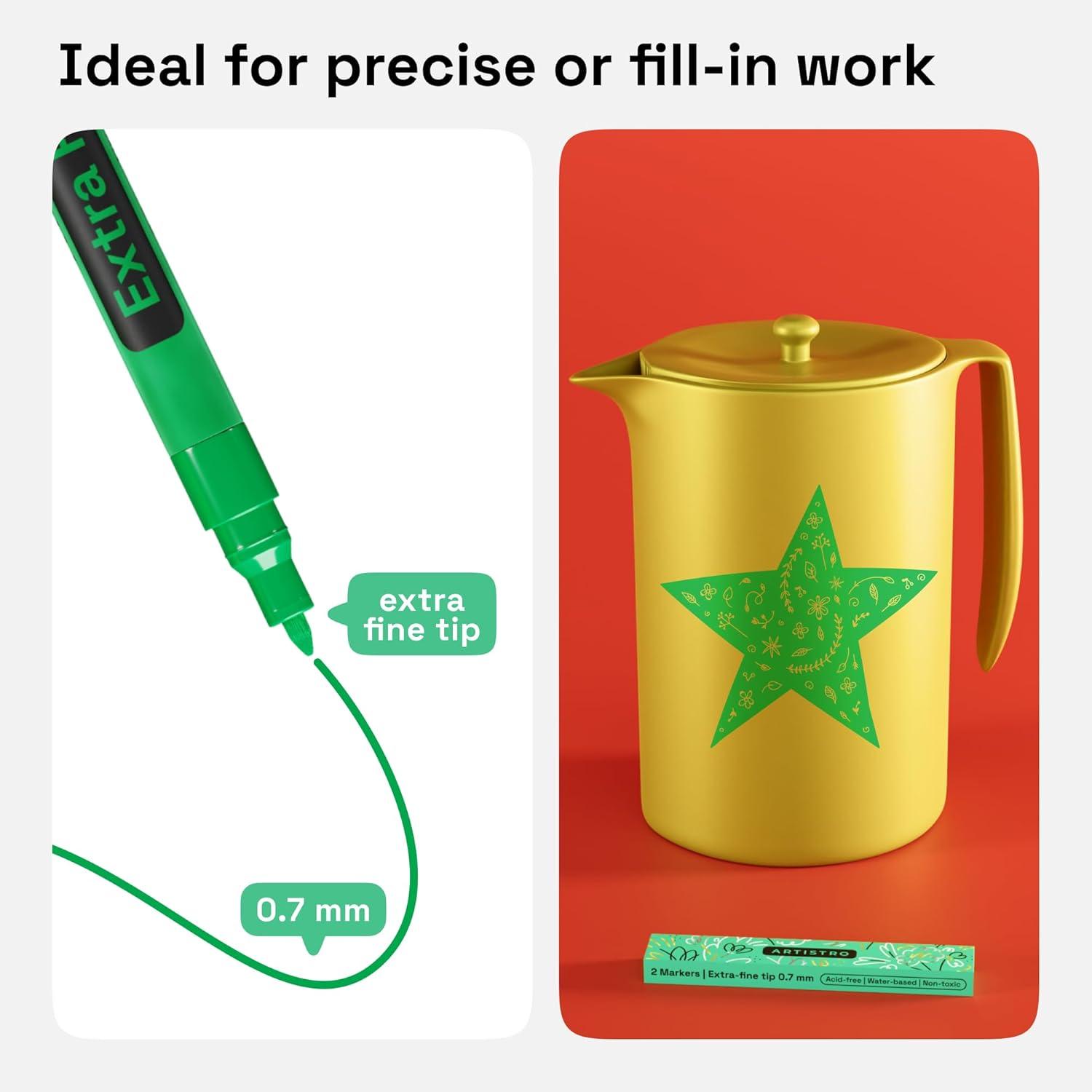 imageARTISTRO 2 Gold Acrylic Paint Markers 07mm Extra FineTip Metallic Paint Pens Perfect for Crafting Art Projects ampamp MoreGreen