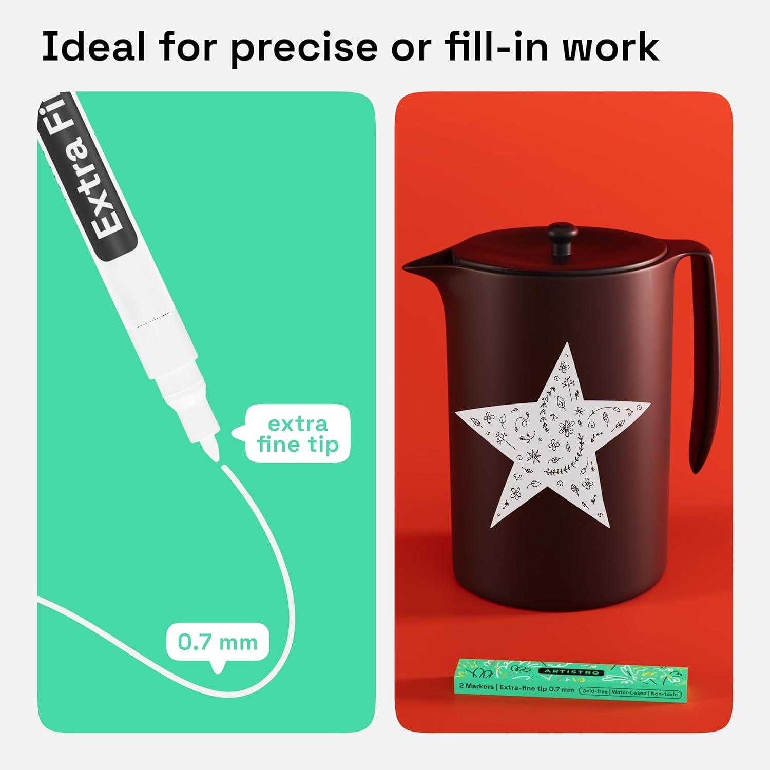 imageARTISTRO 2 Gold Acrylic Paint Markers 07mm Extra FineTip Metallic Paint Pens Perfect for Crafting Art Projects ampamp MoreWhite