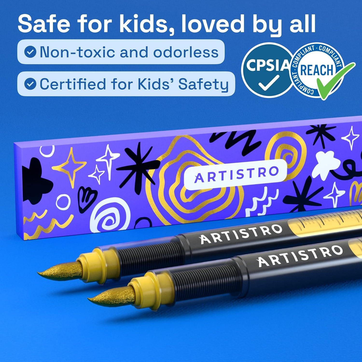 imageARTISTRO 2 Gold Acrylic Paint Markers Brush Tip Paint Pens with Automatic Ink Control System for Rock Egg Wood Fabric Glass Perfect for Crafting Art Projects ampamp More