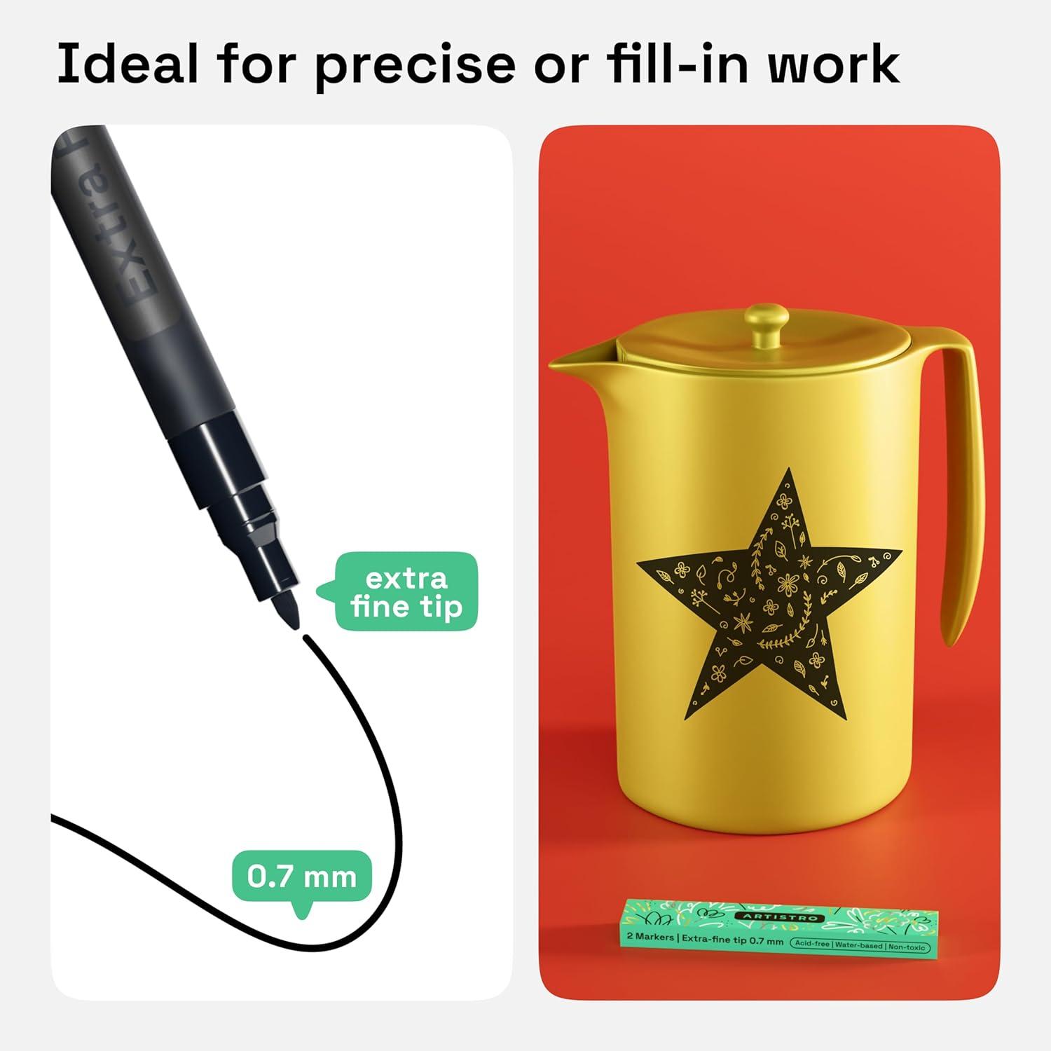 imageARTISTRO 2 White Acrylic Paint Markers 07mm Extra FineTip Paint Pens Perfect for Crafting Art Projects ampamp MoreBlack