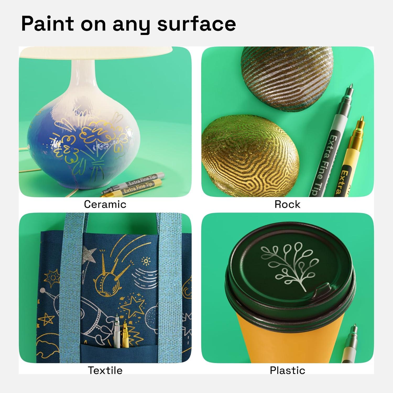 imageARTISTRO 2 White Acrylic Paint Markers 07mm Extra FineTip Paint Pens Perfect for Crafting Art Projects ampamp MoreGold Silver