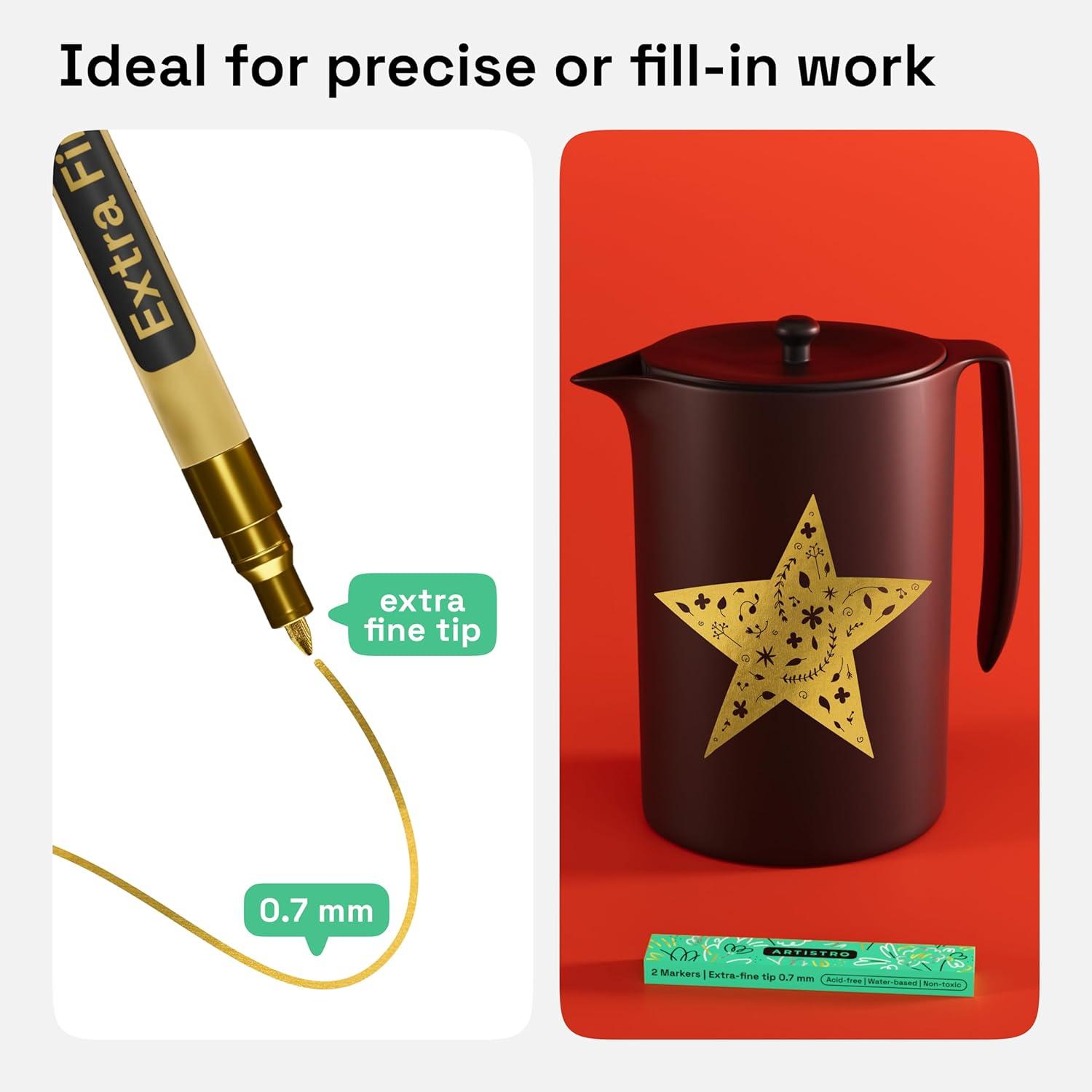 imageARTISTRO 2 White Acrylic Paint Markers 07mm Extra FineTip Paint Pens Perfect for Crafting Art Projects ampamp MoreGold