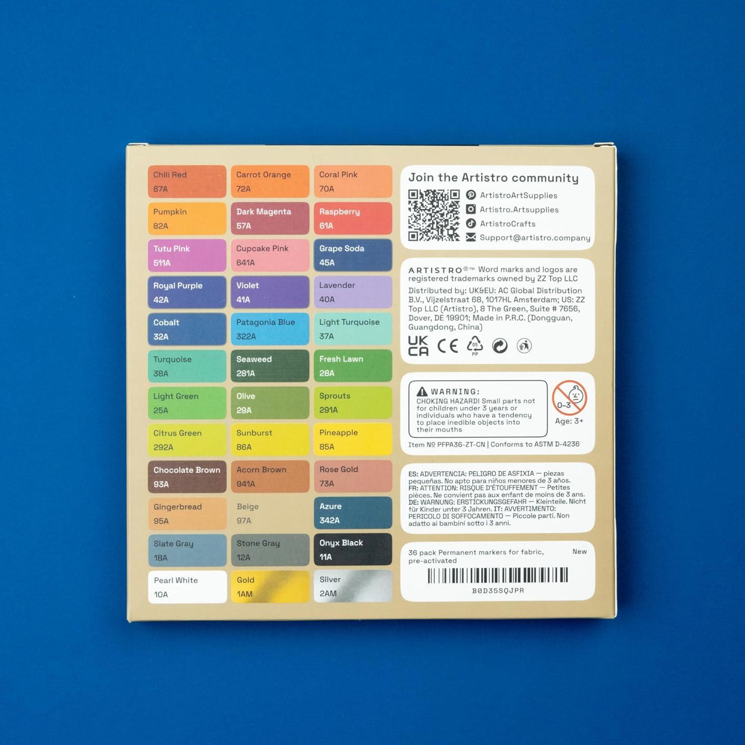 imageARTISTRO 24 Fabric Markers Fine Tip Fabric Markers Permanent for Clothes No Bleed Pens for TShirts Bags Textile Canvas and more36 fabric