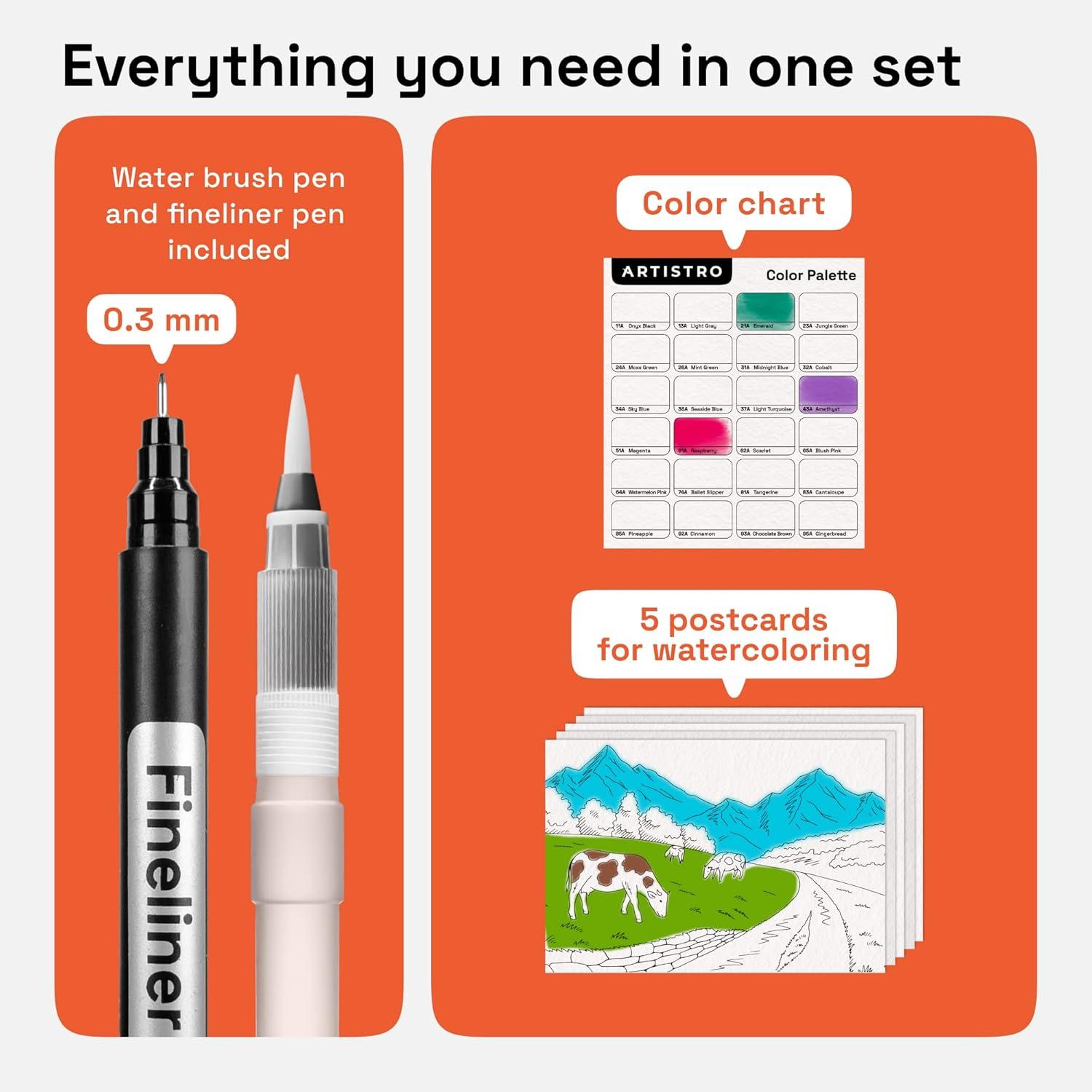 imageARTISTRO 24 Watercolor Markers with Flexible Paint Brush Pens for Pros ampamp Beginners Consistent Smooth Bright Washable NonToxic Ideal for Coloring Calligraphy ampamp Manga24 Brush Tip