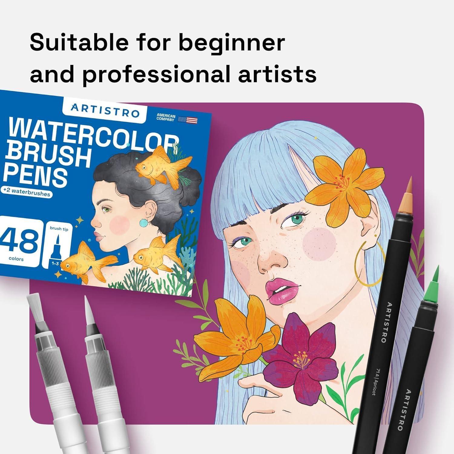 imageARTISTRO 24 Watercolor Markers with Flexible Paint Brush Pens for Pros ampamp Beginners Consistent Smooth Bright Washable NonToxic Ideal for Coloring Calligraphy ampamp Manga48 Brush Tip