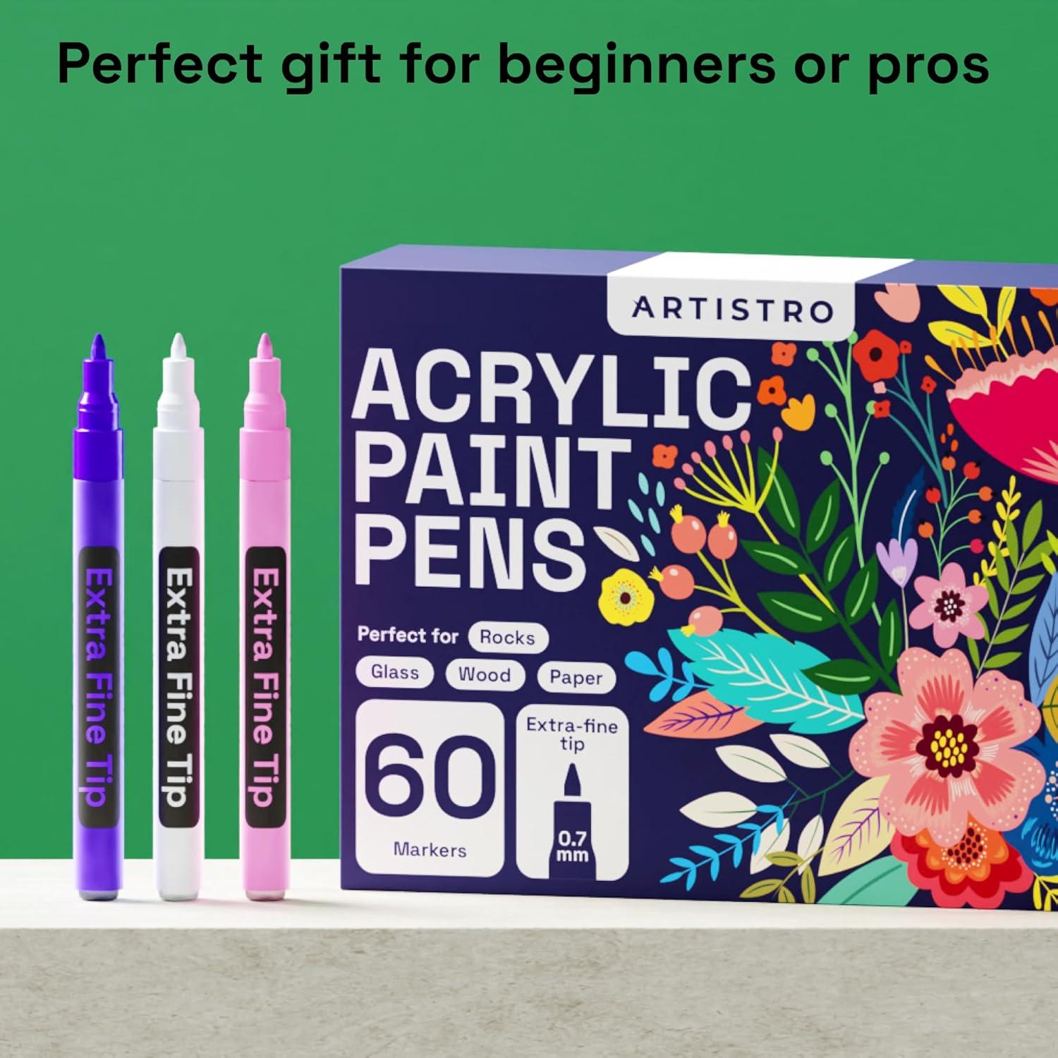 imageARTISTRO 30 Acrylic Paint Pens Art Set Acrylic Paint Markers Fabric Markers for Textile Canvas Rock Glass Wood Paper DIY for Kids and Adults Extra Fine60 Extra Fine Tip