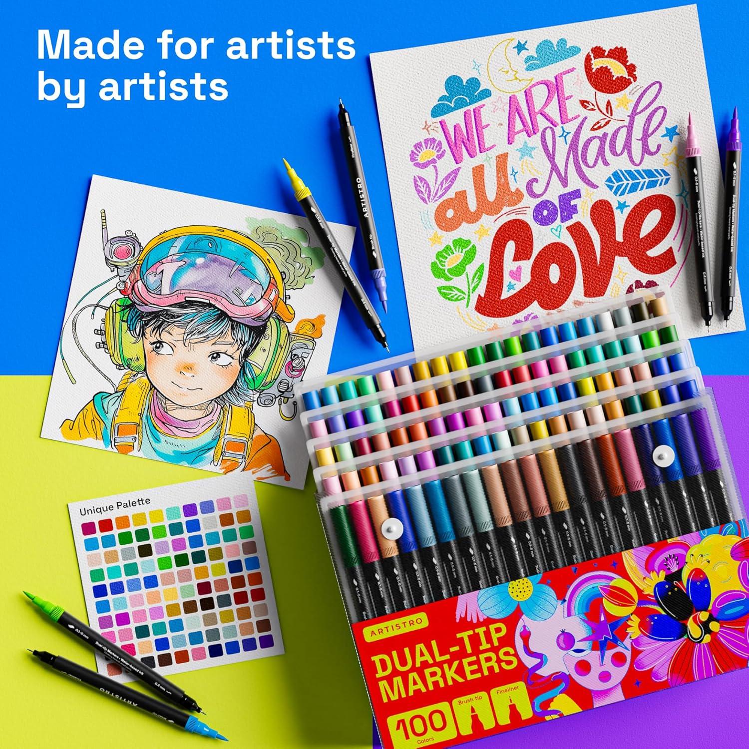 imageARTISTRO 36 Brush Marker Pens Coloring Markers for Adults Brush Tip ampamp 04mm Fineliner Pens Coloring Markers No Bleeding100 dual tip brush fineliner