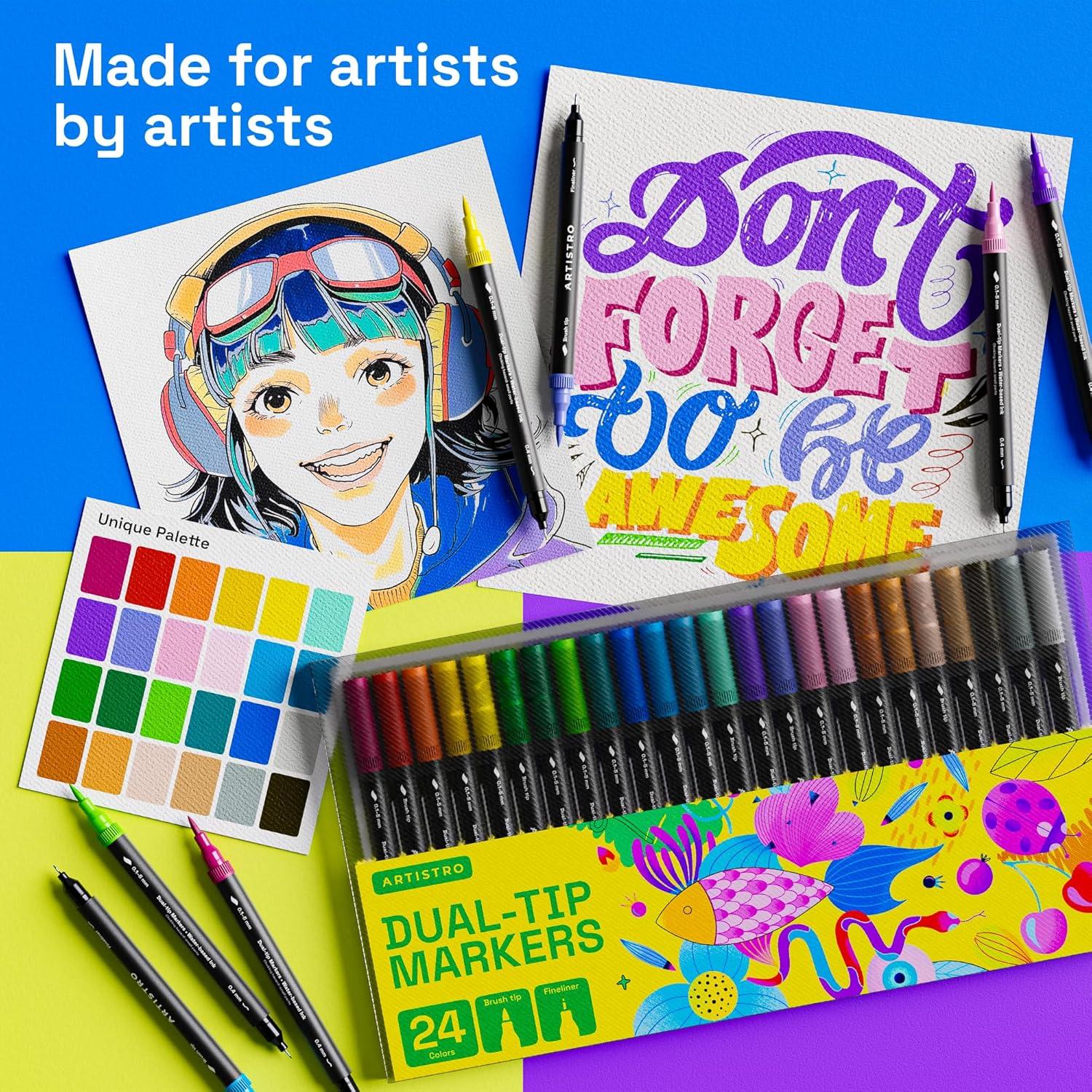 imageARTISTRO 36 Brush Marker Pens Coloring Markers for Adults Brush Tip ampamp 04mm Fineliner Pens Coloring Markers No Bleeding24 dual tip brush fineliner