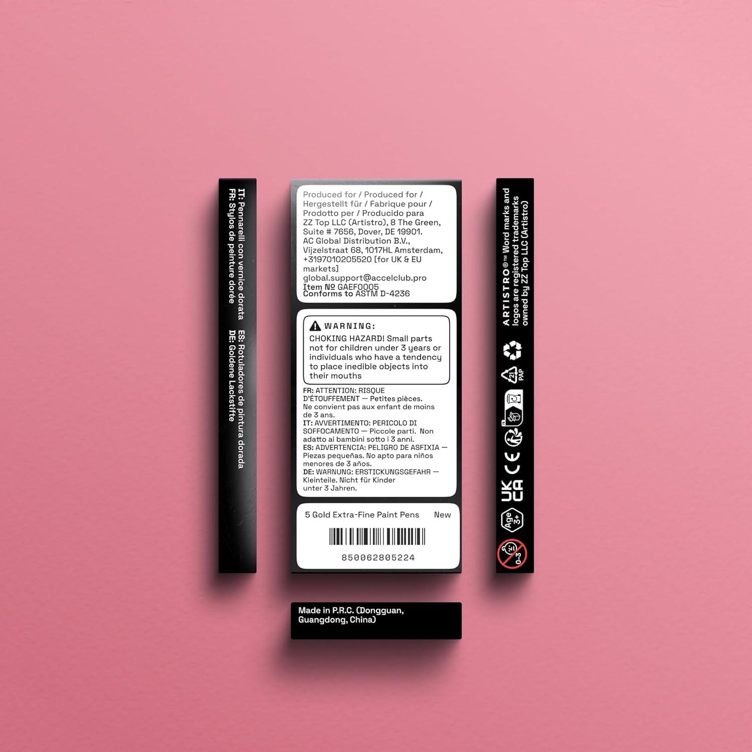 imageARTISTRO 5 White Paint Pen for Rock Painting Stone Ceramic Glass Wood Tire Fabric Metal Canvas Set of 5 Acrylic Paint White Marker Waterbased Extrafine TipGold