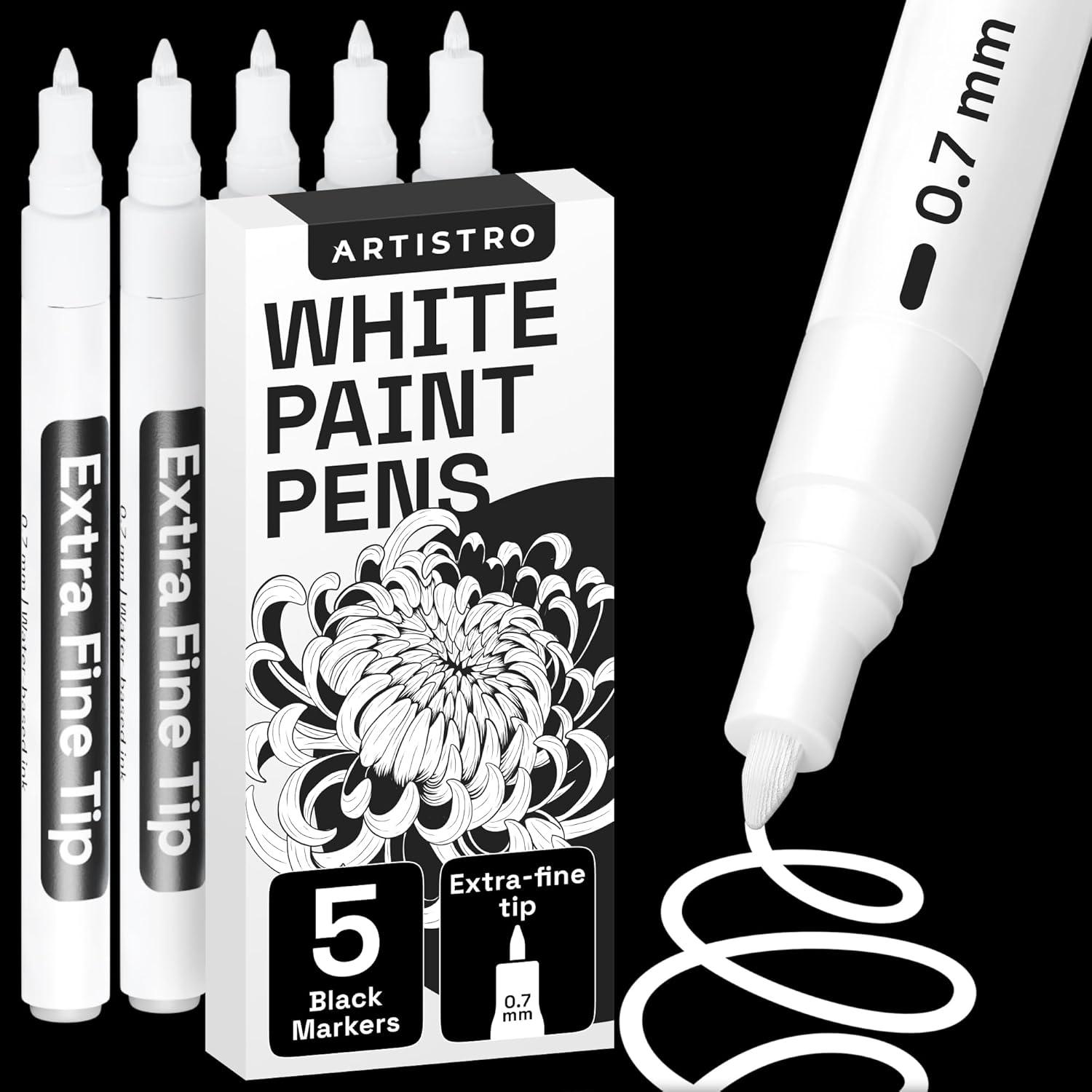 imageARTISTRO 5 White Paint Pen for Rock Painting Stone Ceramic Glass Wood Tire Fabric Metal Canvas Set of 5 Acrylic Paint White Marker Waterbased Extrafine TipWhite